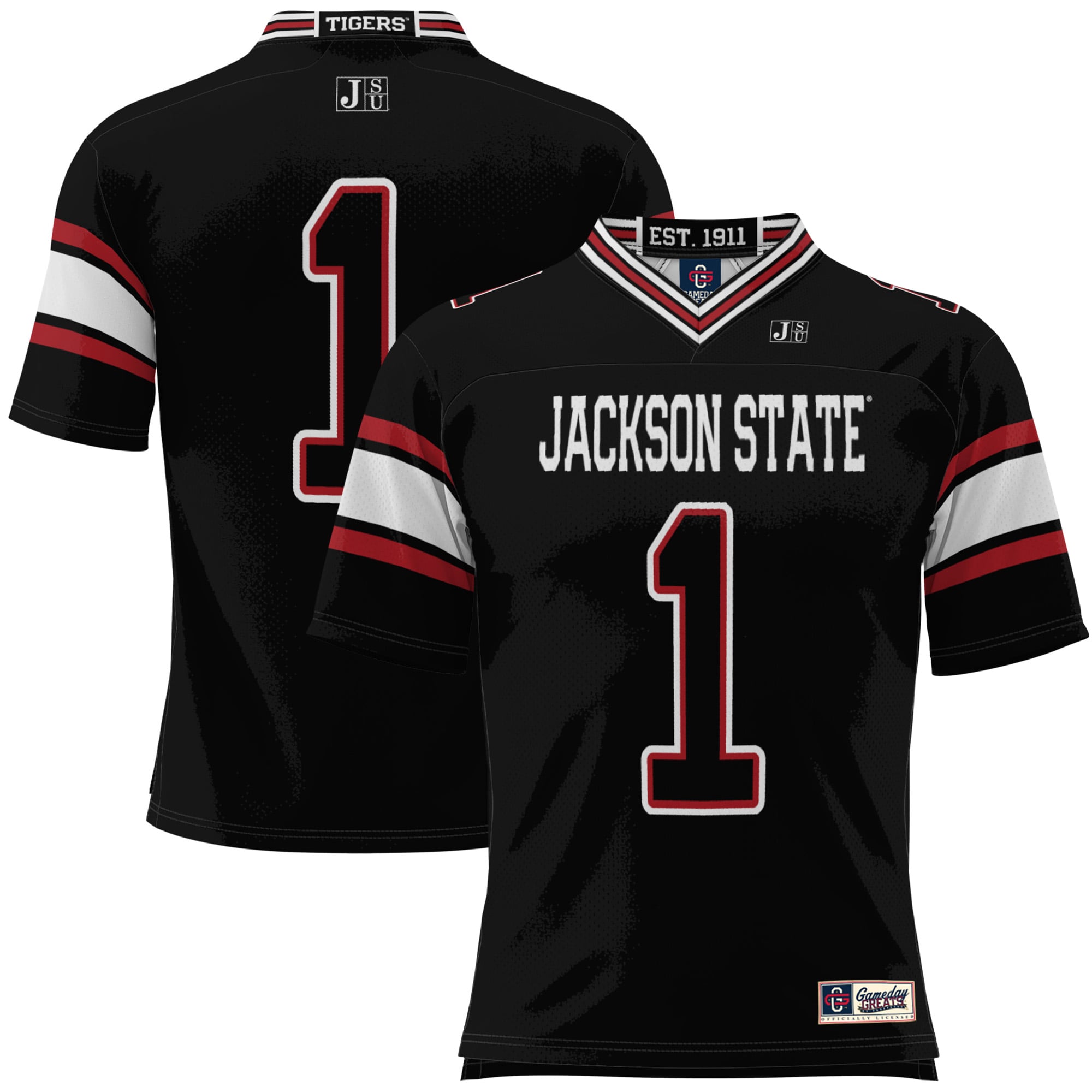 #1 Jackson State Tigers Youth Football Jersey Black - front and back view