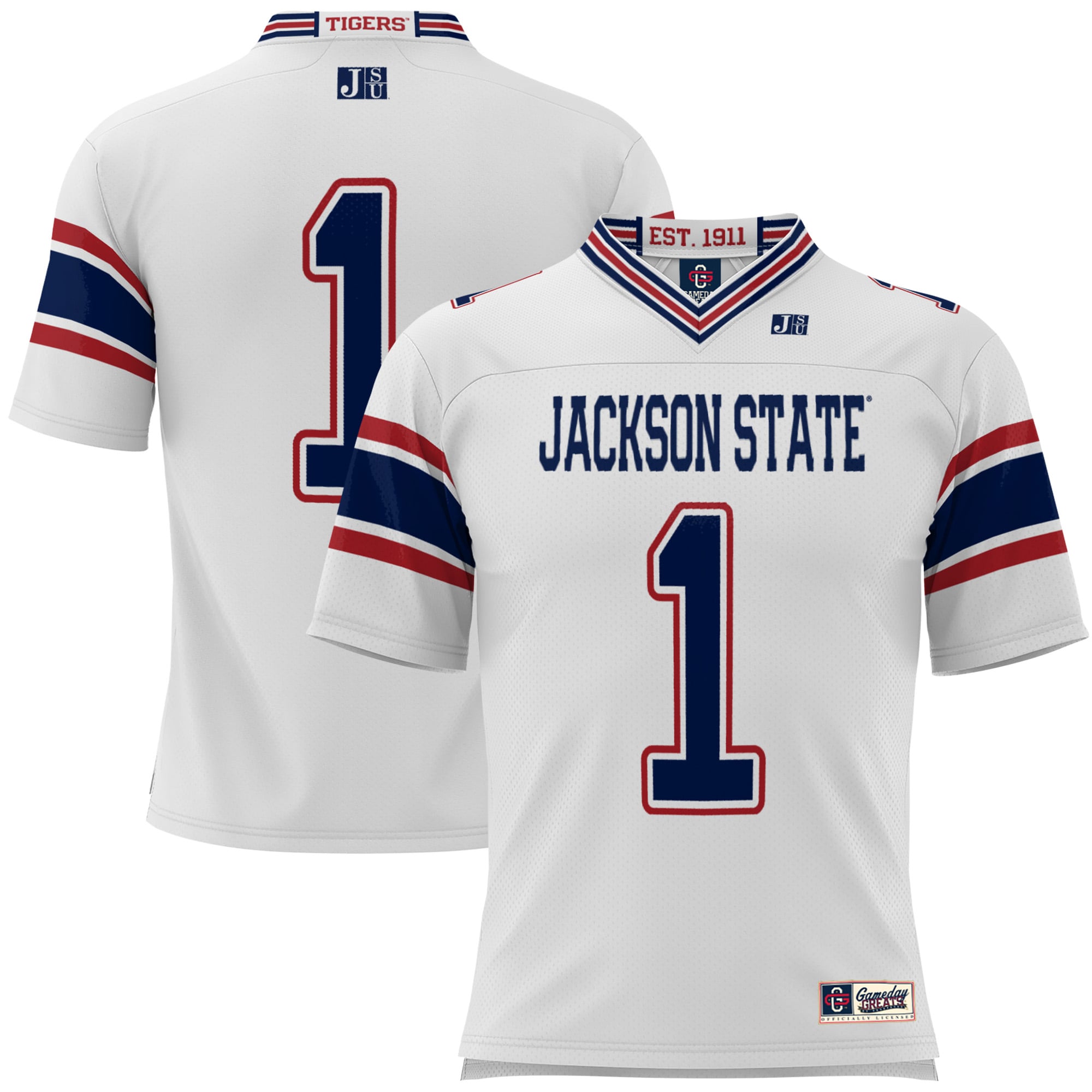 #1 Jackson State Tigers Youth Football Jersey White - front and back view