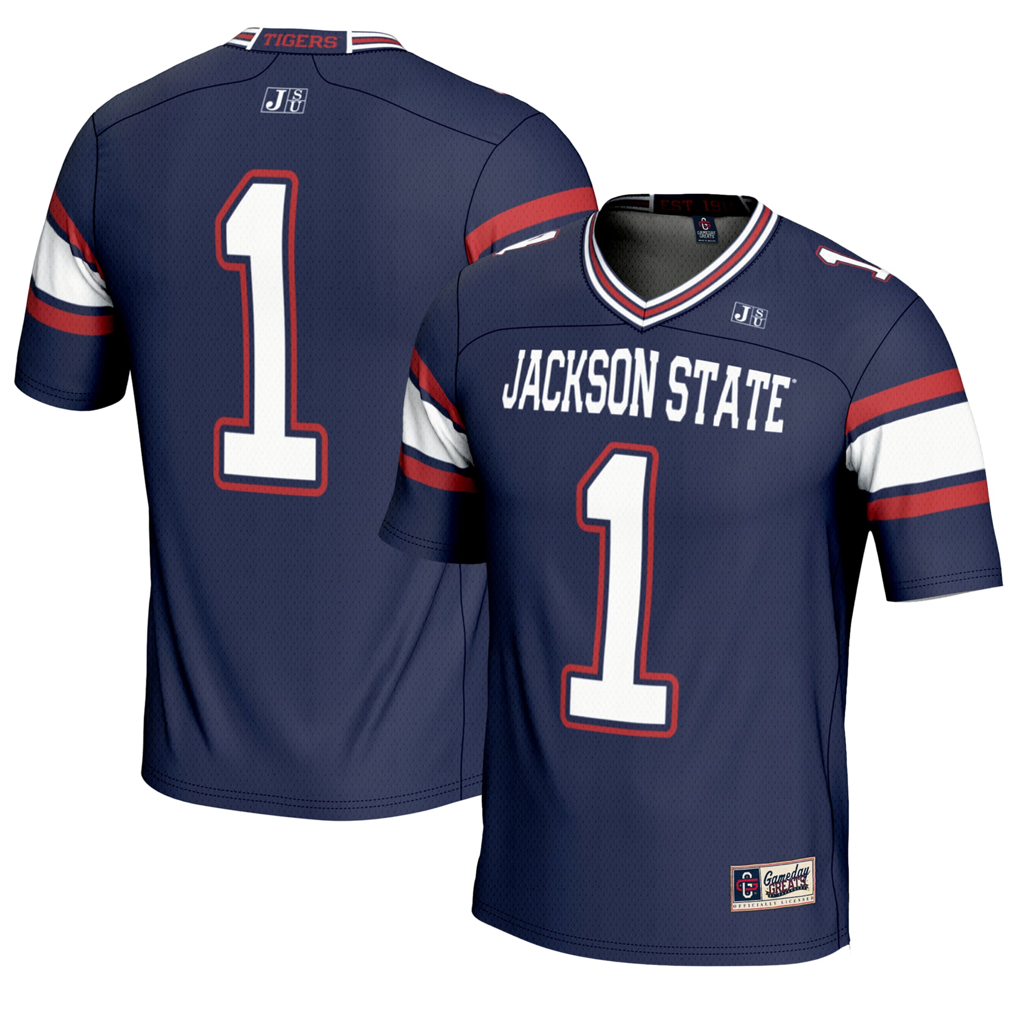 #1 Jackson State Tigers Youth Football Jersey Navy - front and back view