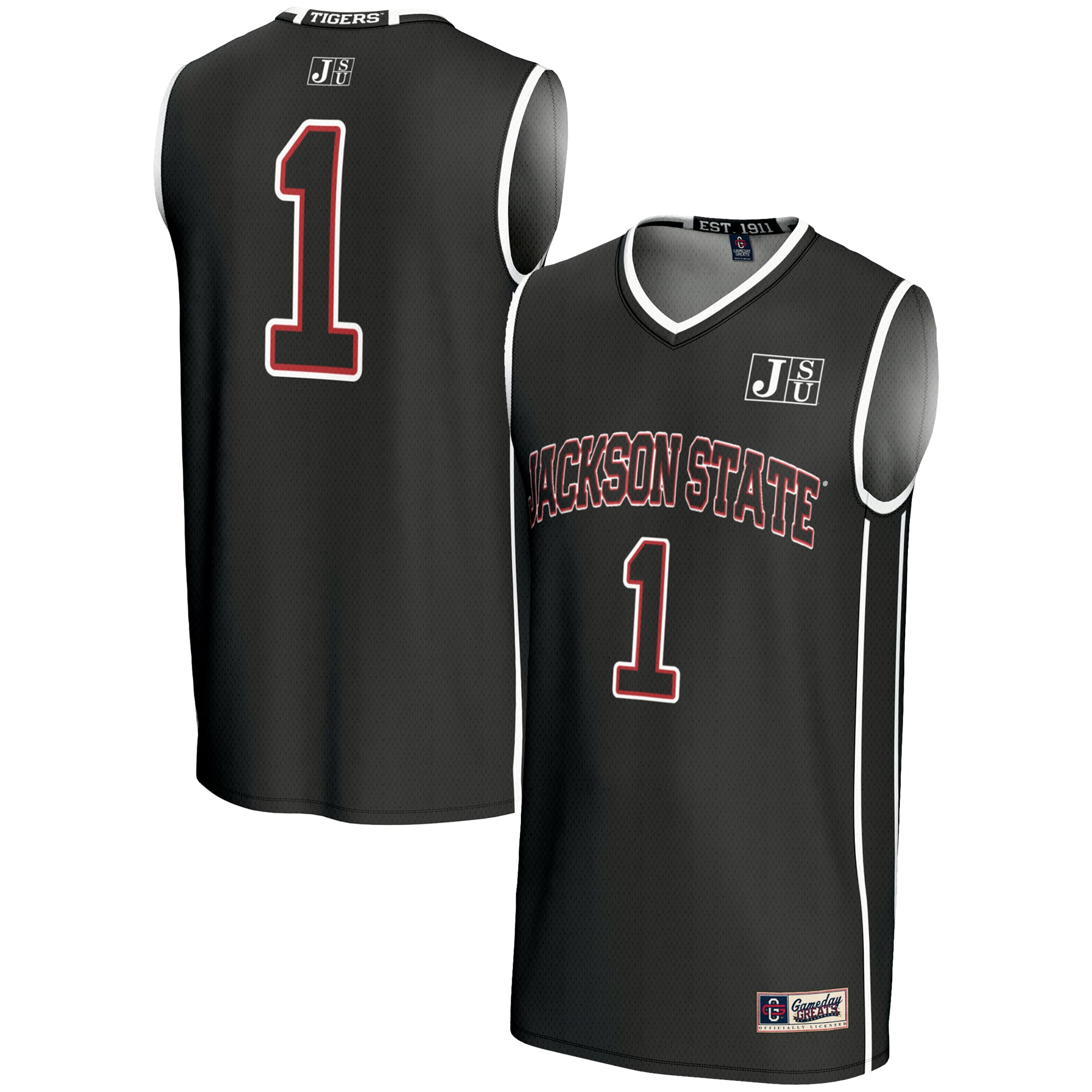 #1 Jackson State Tigers Youth Lightweight Basketball Jersey Black - front and back view