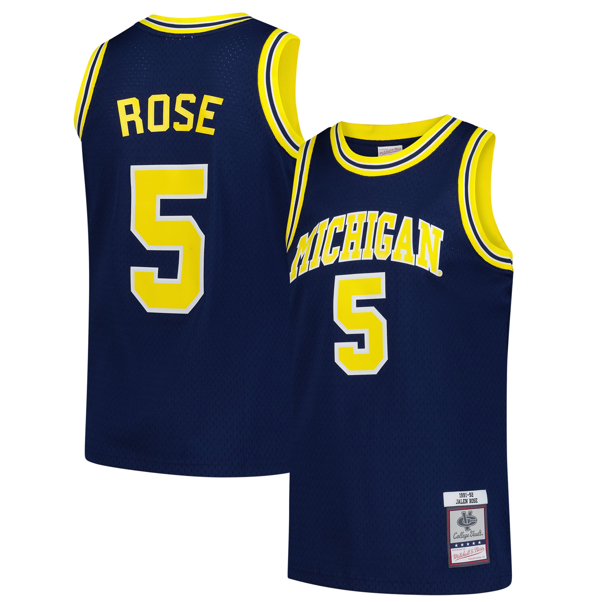 Jalen Rose Michigan Wolverines 1991/92 Jersey Navy - front and back view
