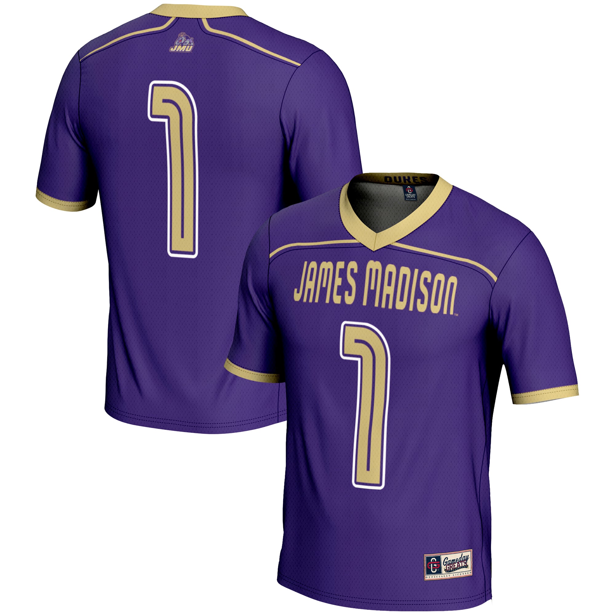 James Madison Dukes #1 Lightweight Lacrosse Jersey Purple - front and back view