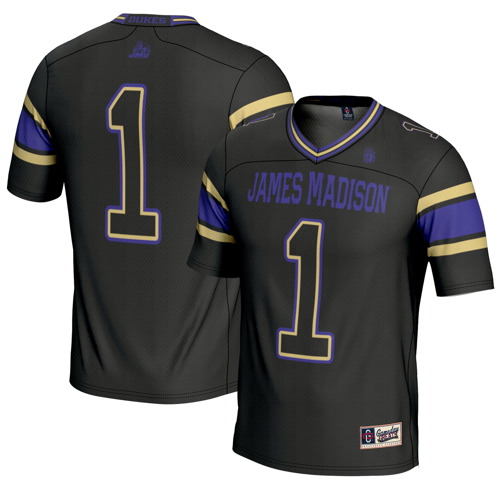 #1 James Madison Dukes Endzone Football Jersey Black - front and back view