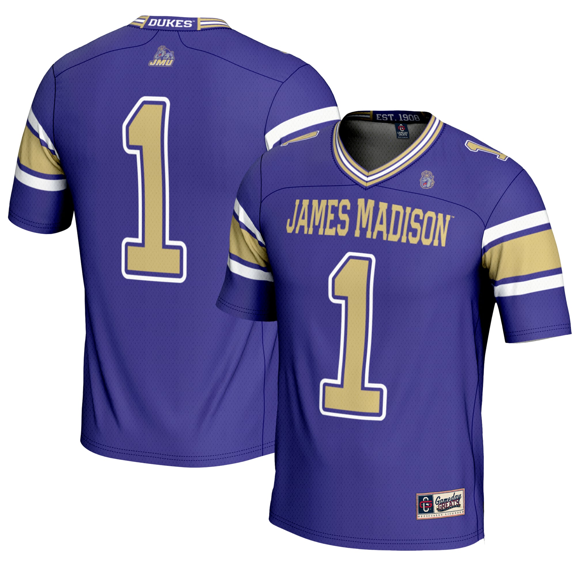 #1 James Madison Dukes Endzone Football Jersey Purple - front and back view