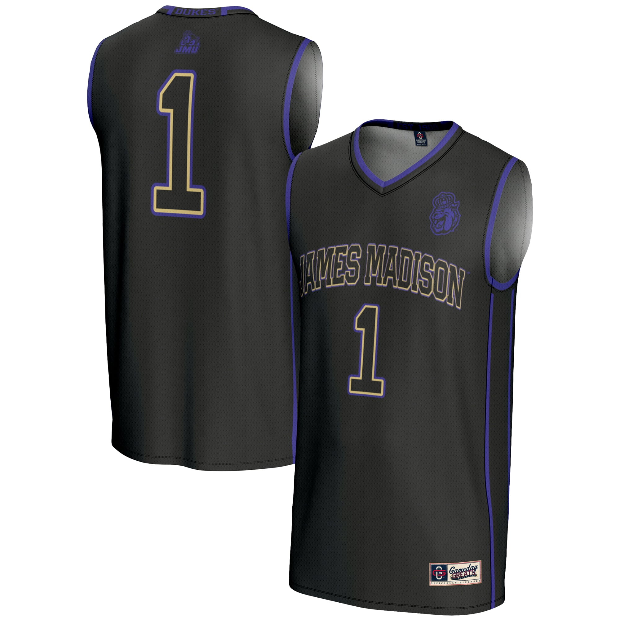 #1 James Madison Dukes Lightweight Basketball Jersey Black - front and back view