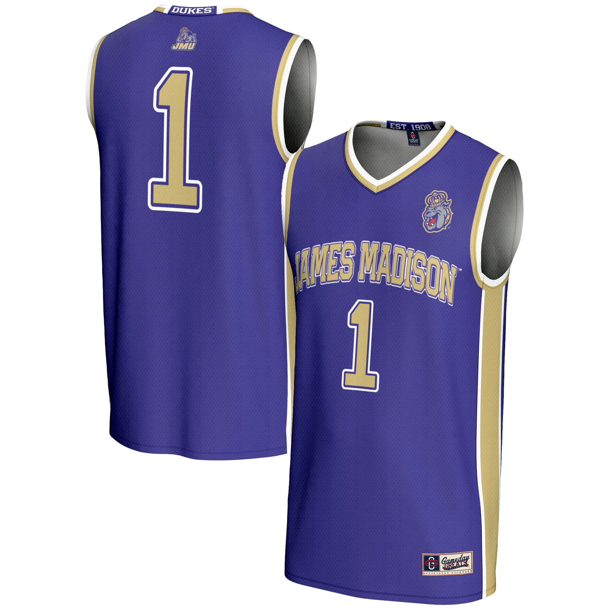 #1 James Madison Dukes Lightweight Basketball Jersey Purple - front and back view