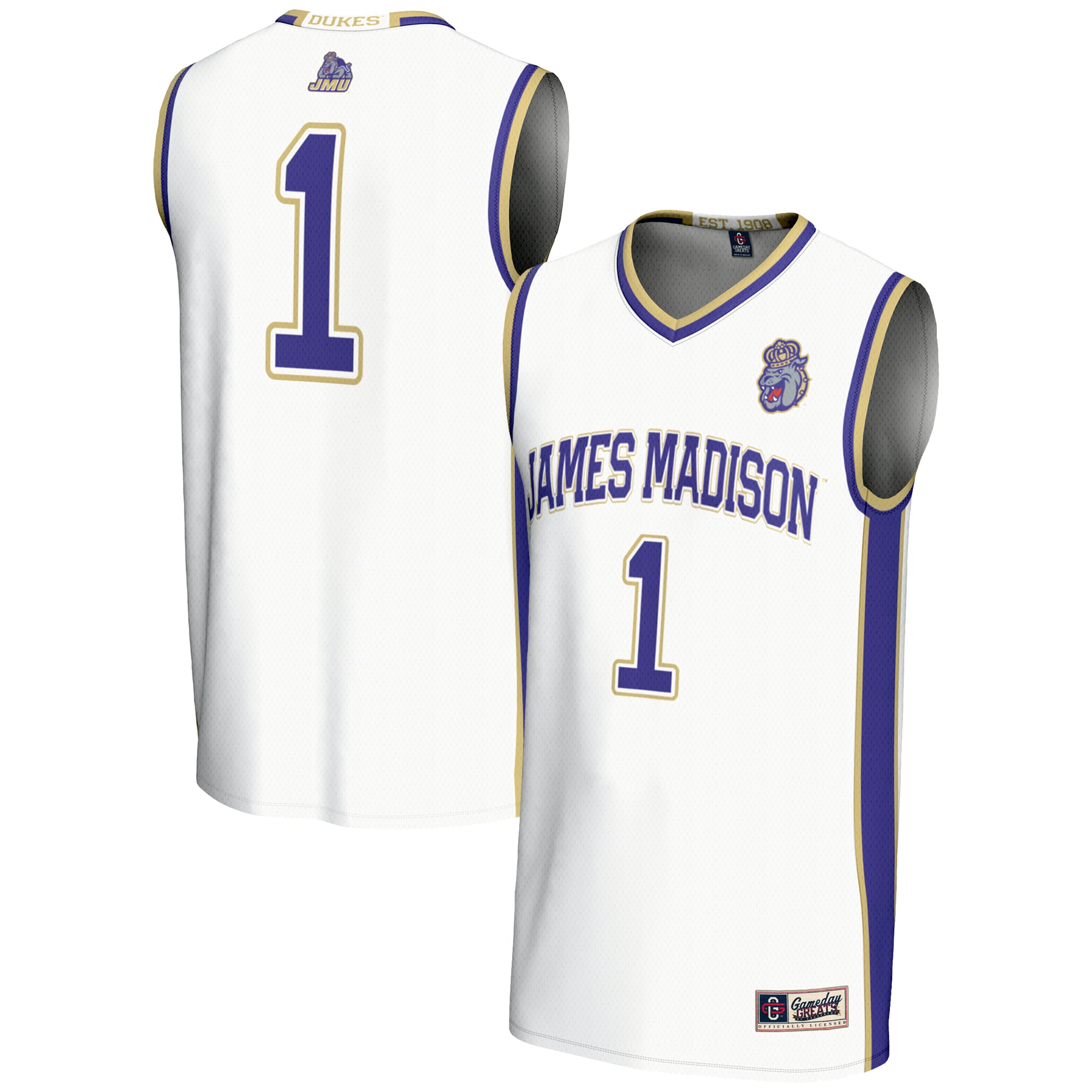 #1 James Madison Dukes Lightweight Basketball Jersey White - front and back view