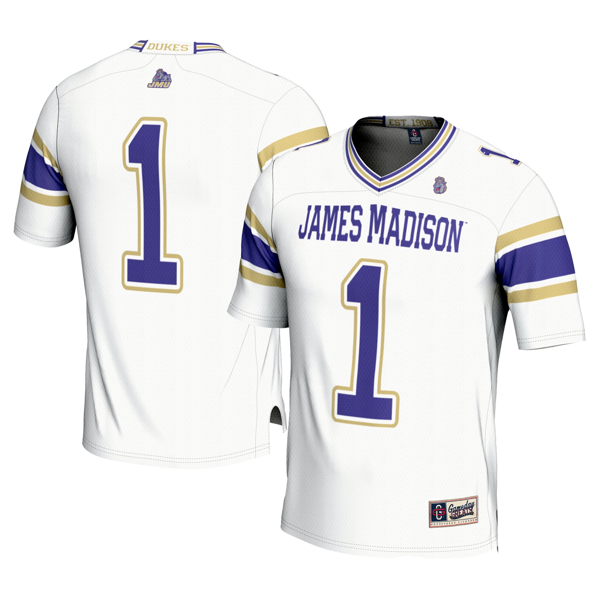 #1 James Madison Dukes Youth Football Jersey White - front and back view