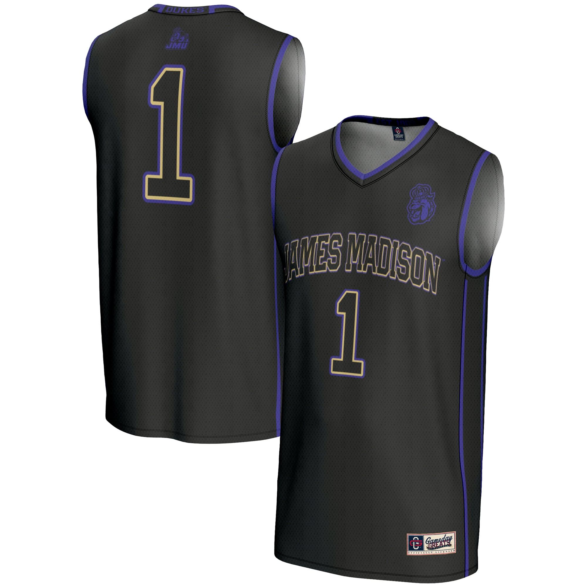 #1 James Madison Dukes Youth Lightweight Basketball Jersey Black - front and back view