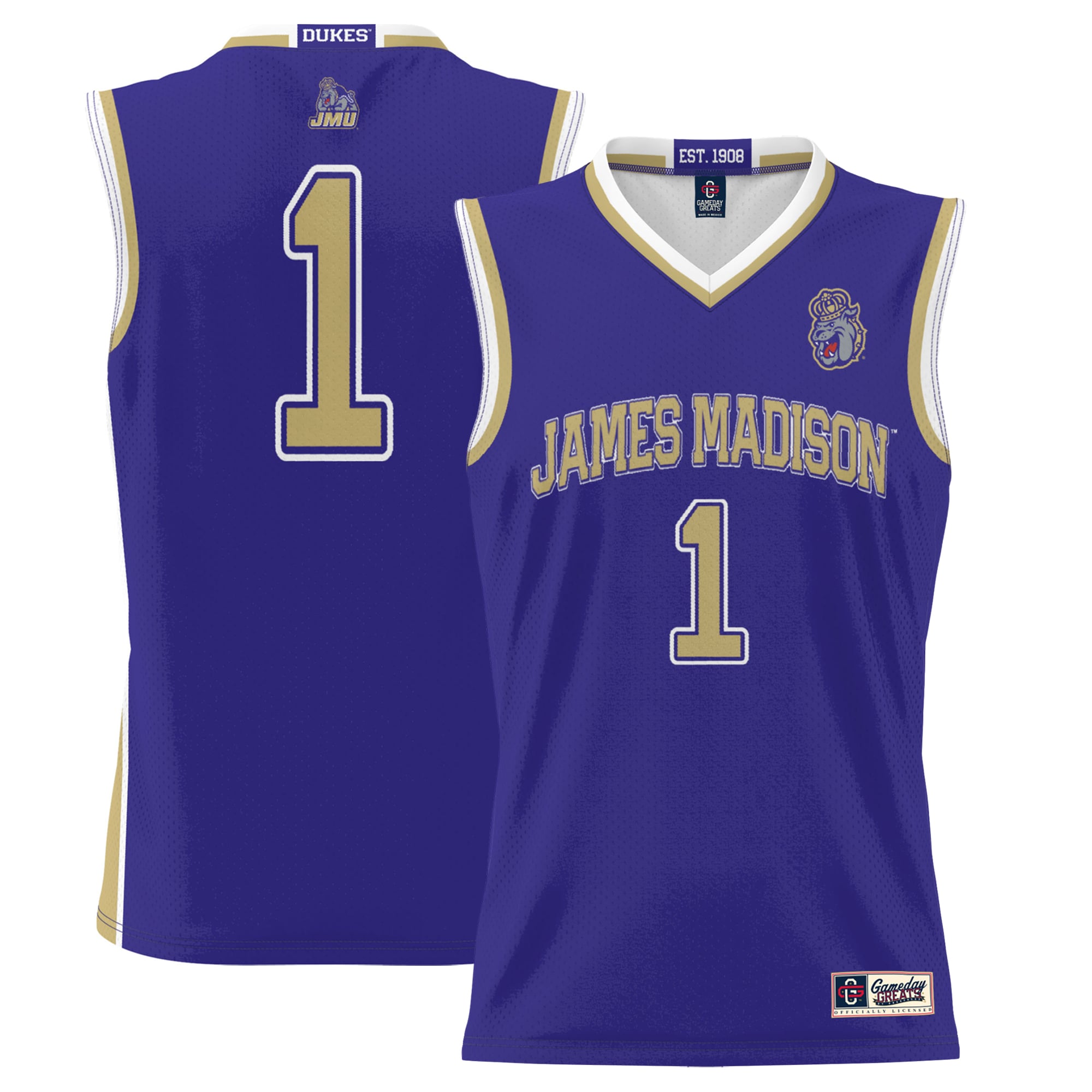 #1 James Madison Dukes Youth Lightweight Basketball Jersey Purple - front and back view