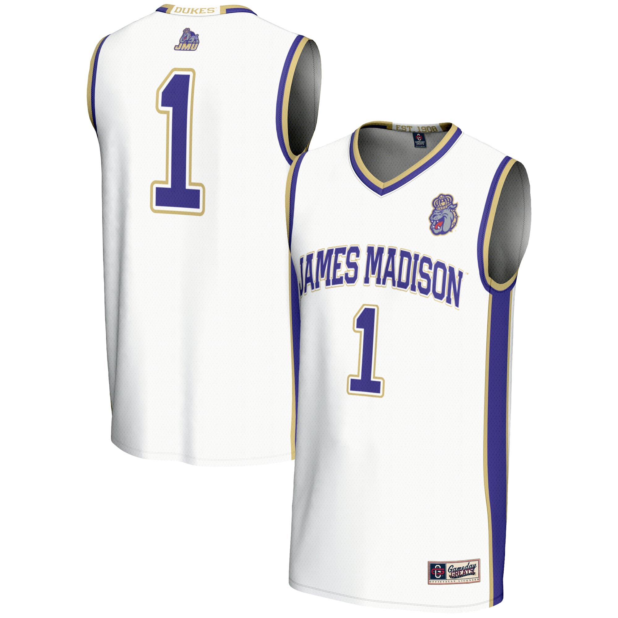 #1 James Madison Dukes Youth Lightweight Basketball Jersey White - front and back view
