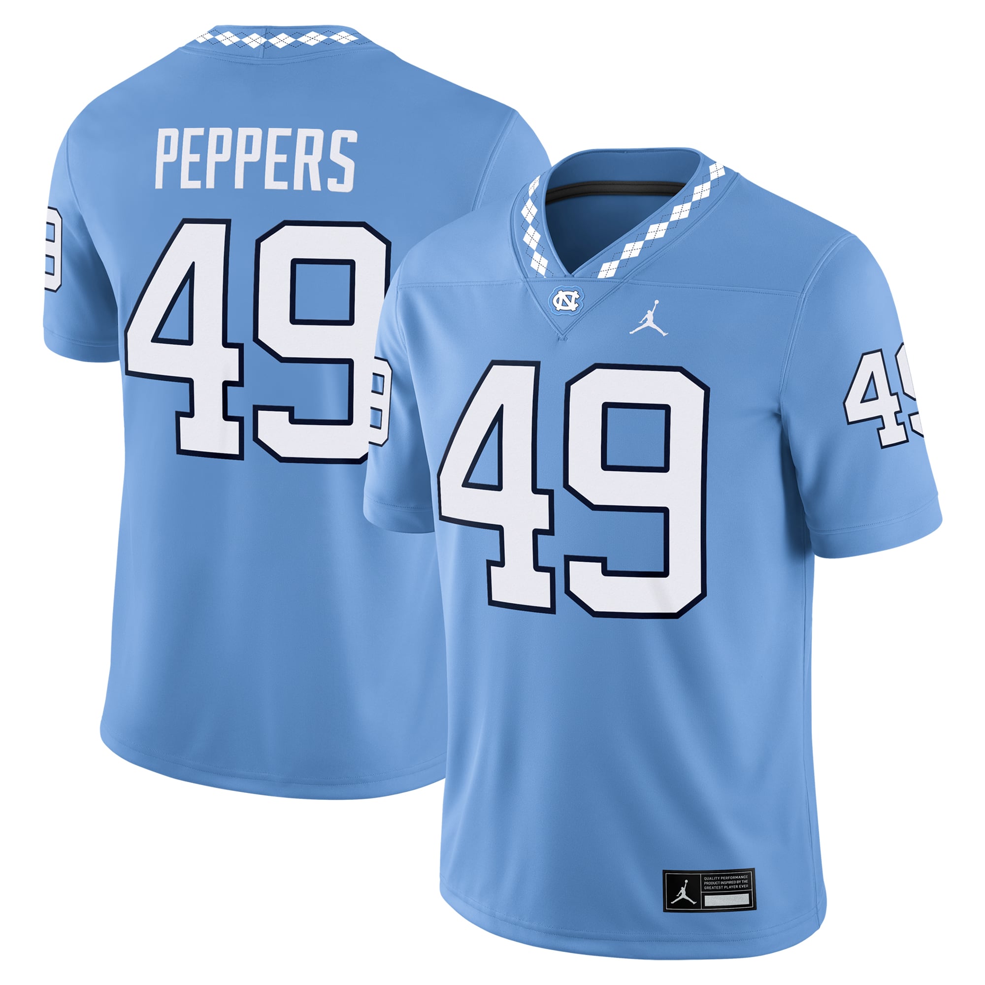 Julius Peppers North Carolina Tar Heels Alumni Football Jersey Carolina Blue - front and back view