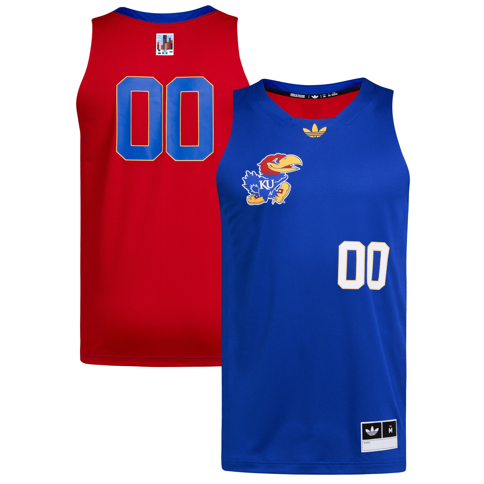 #00 Kansas Jayhawks Black History Month Basketball Jersey Royal/Red - front and back view