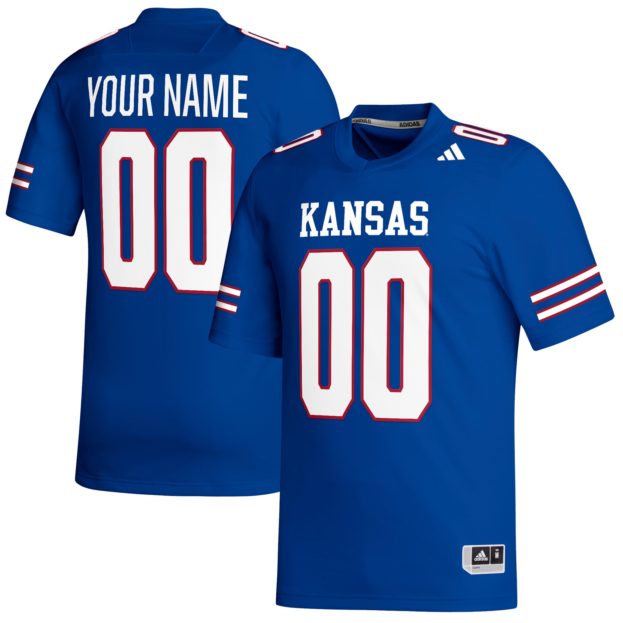Kansas Jayhawks Custom Football Jersey Royal - front and back view