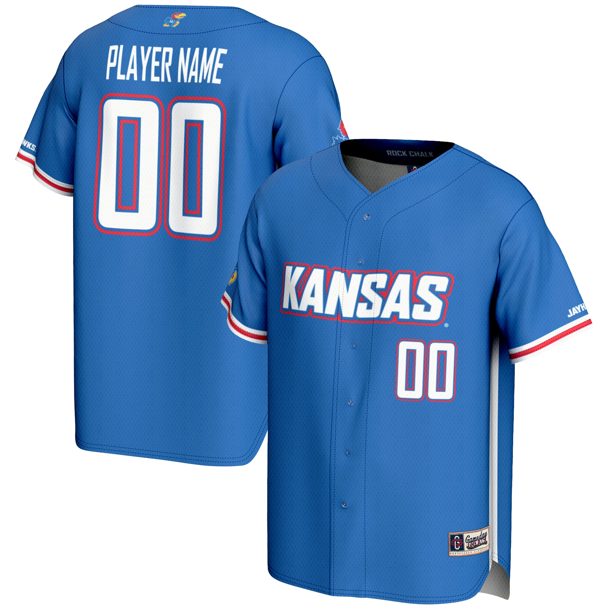 Kansas Jayhawks Lightweight Baseball Jersey Royal - front and back view