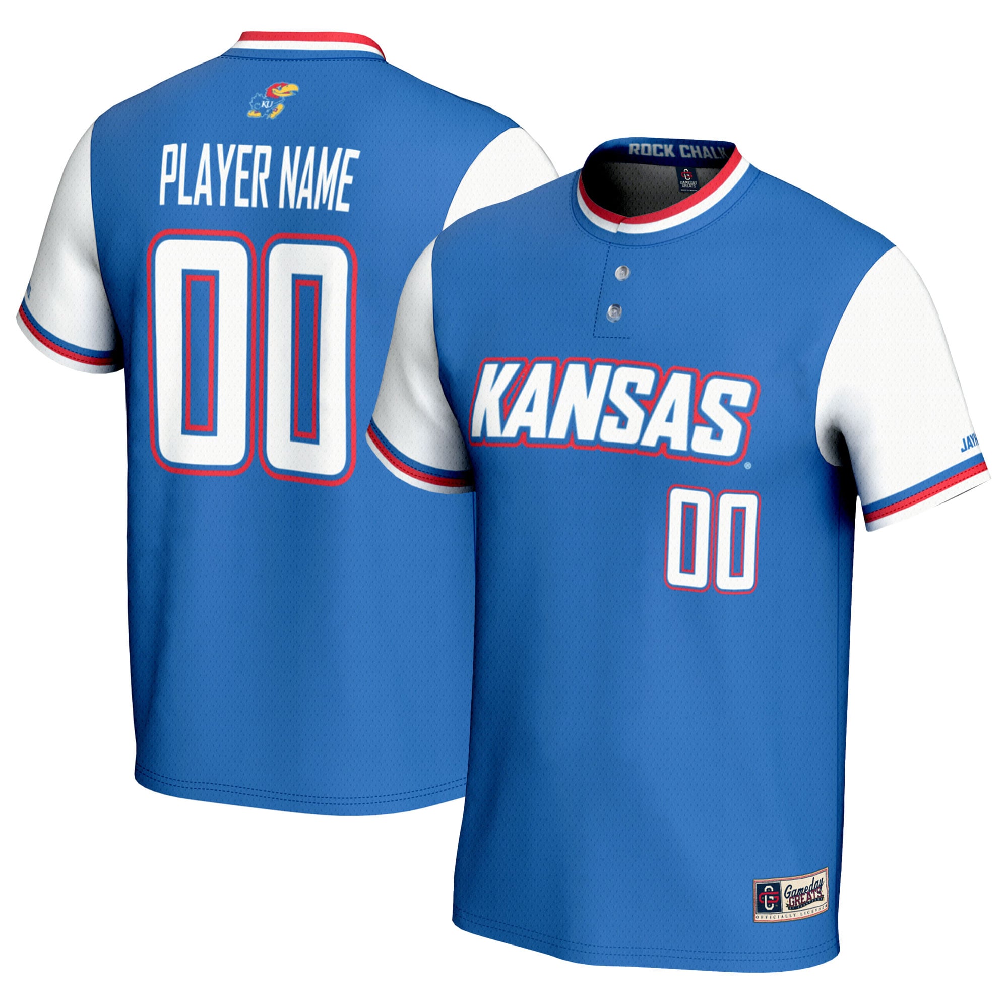 Kansas Jayhawks Youth Lightweight Softball Jersey Royal - front and back view