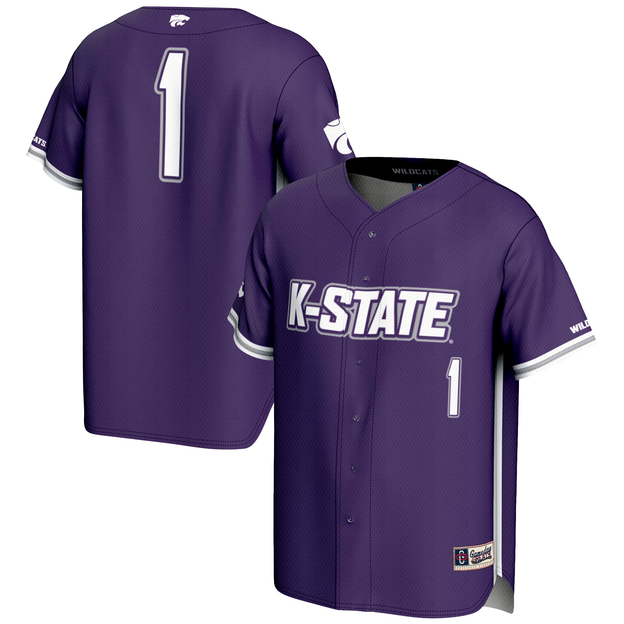 #1 Kansas State Wildcats Lightweight Baseball Jersey Purple - front and back view