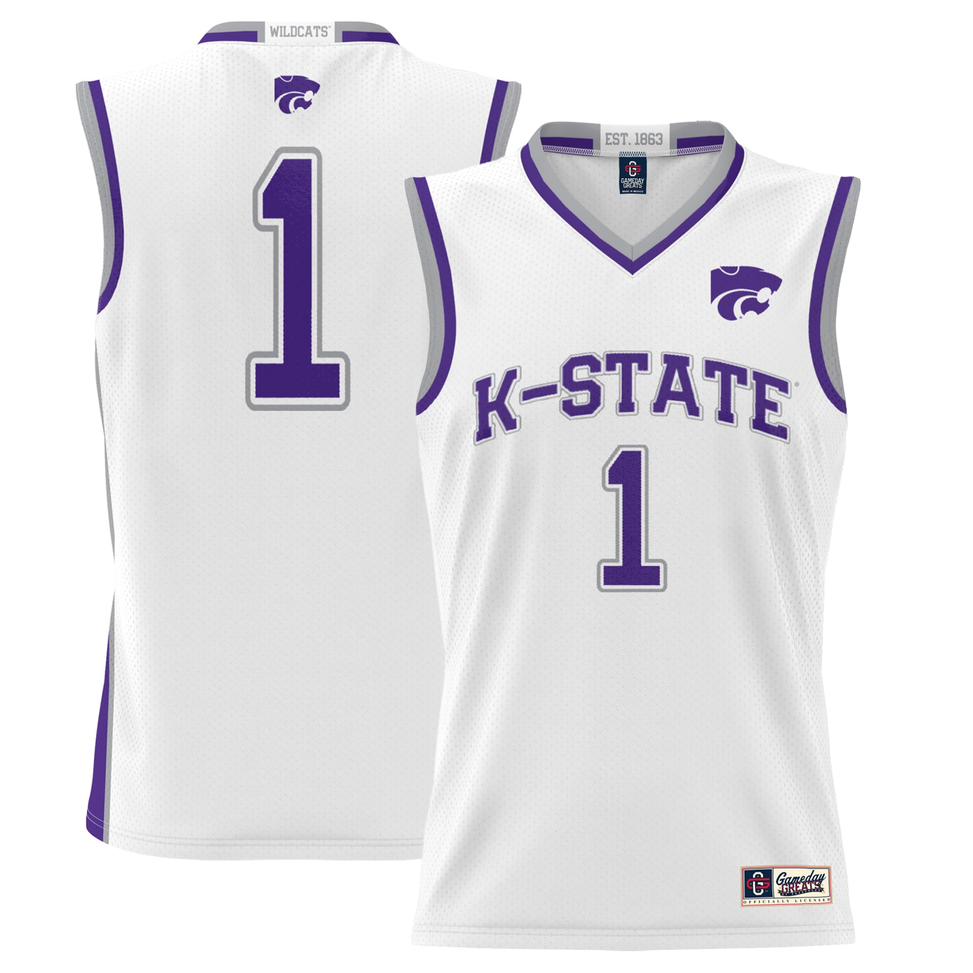 #1 Kansas State Wildcats Youth Lightweight Basketball Jersey White - front and back view