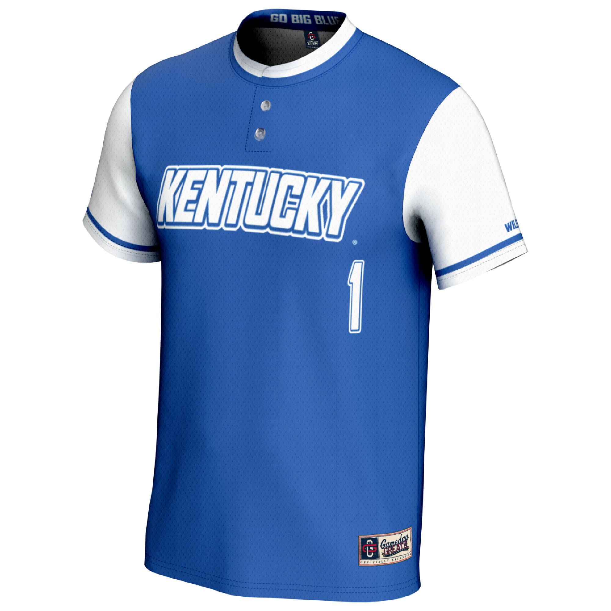 #1 Kentucky Wildcats Unisex Lightweight Softball Fashion Jersey Royal/White - front view