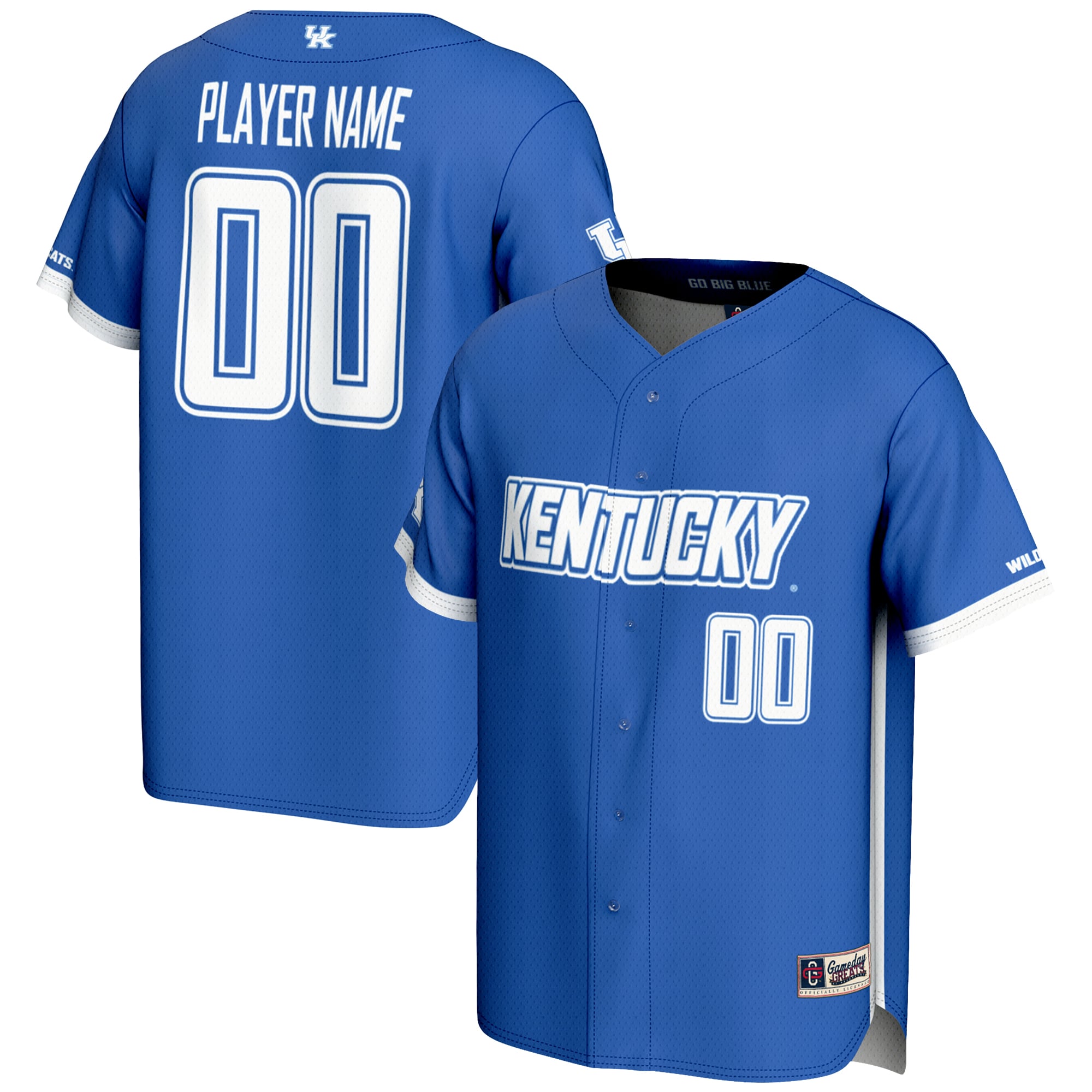 Kentucky Wildcats Youth Lightweight Baseball Jersey Royal - front and back view