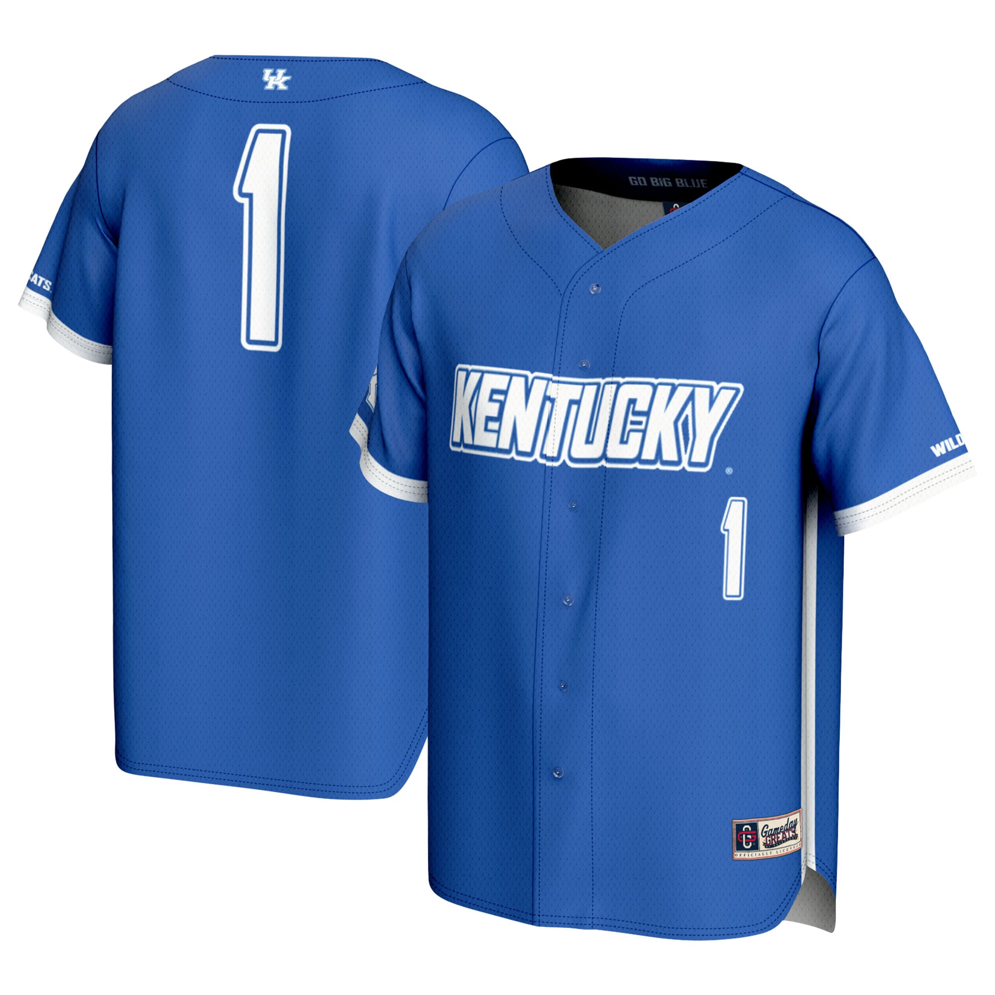 #1 Kentucky Wildcats Youth Lightweight Baseball Jersey Royal - front and back view