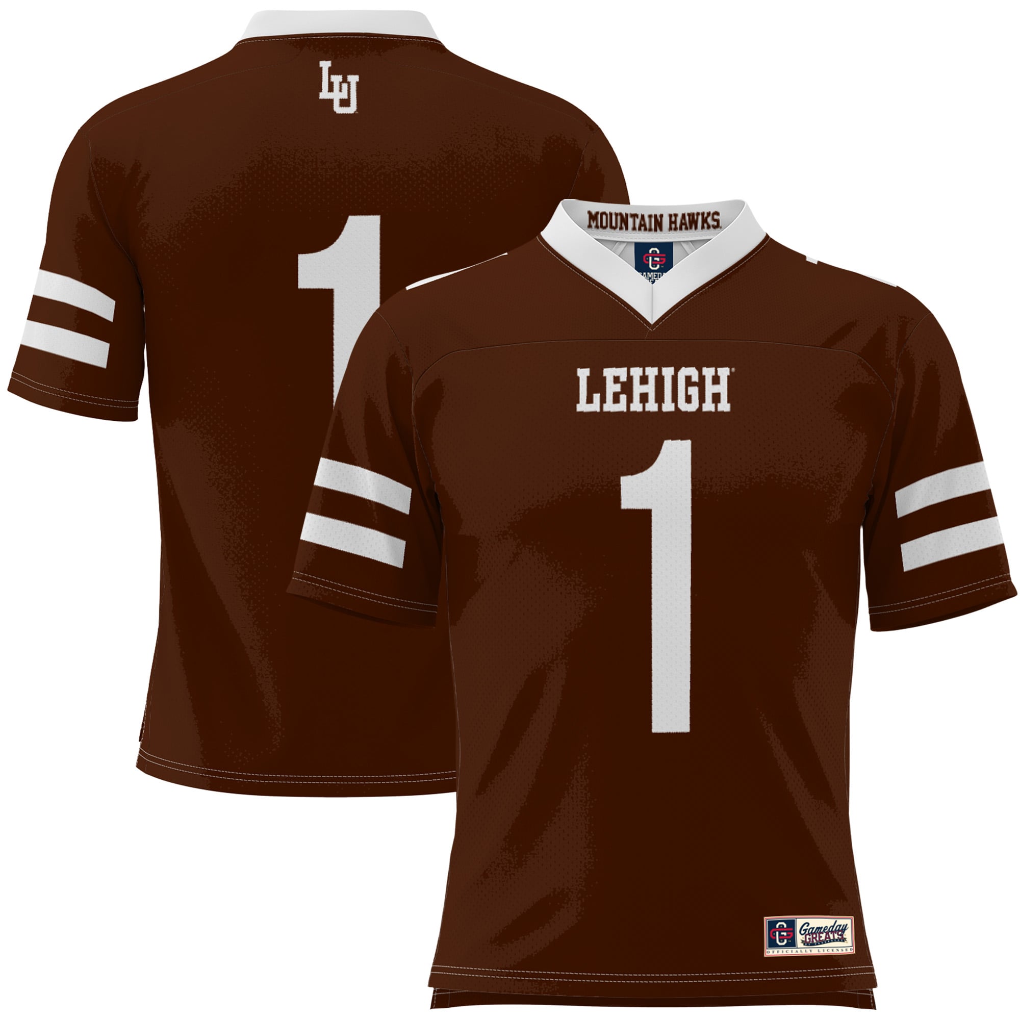 #1 Lehigh Mountain Hawks Football Jersey Brown - front and back view