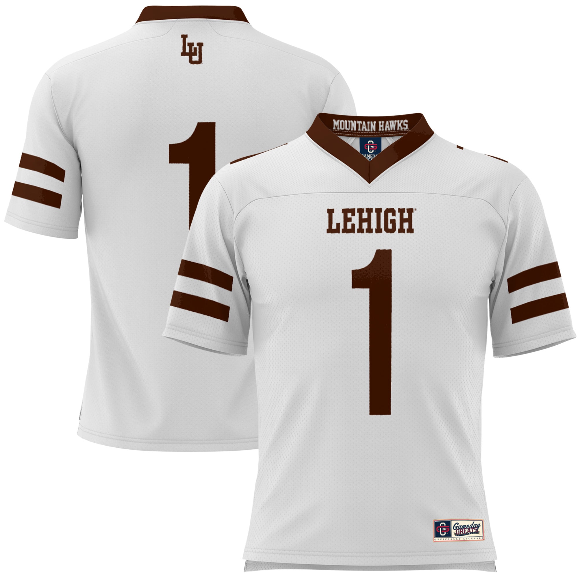 #1 Lehigh Mountain Hawks Football Jersey White - front and back view