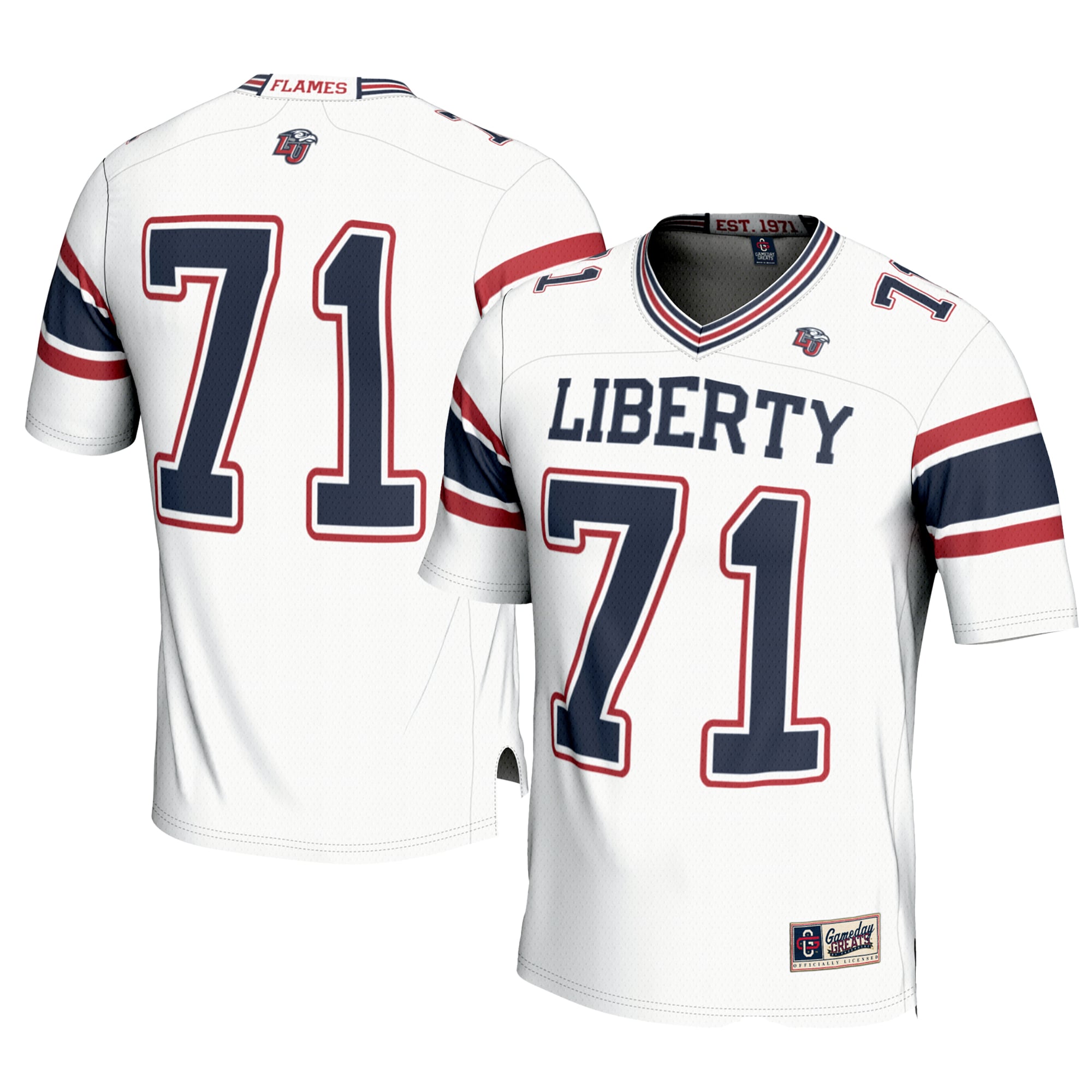 #71 Liberty Flames Football Jersey - White - front and back view