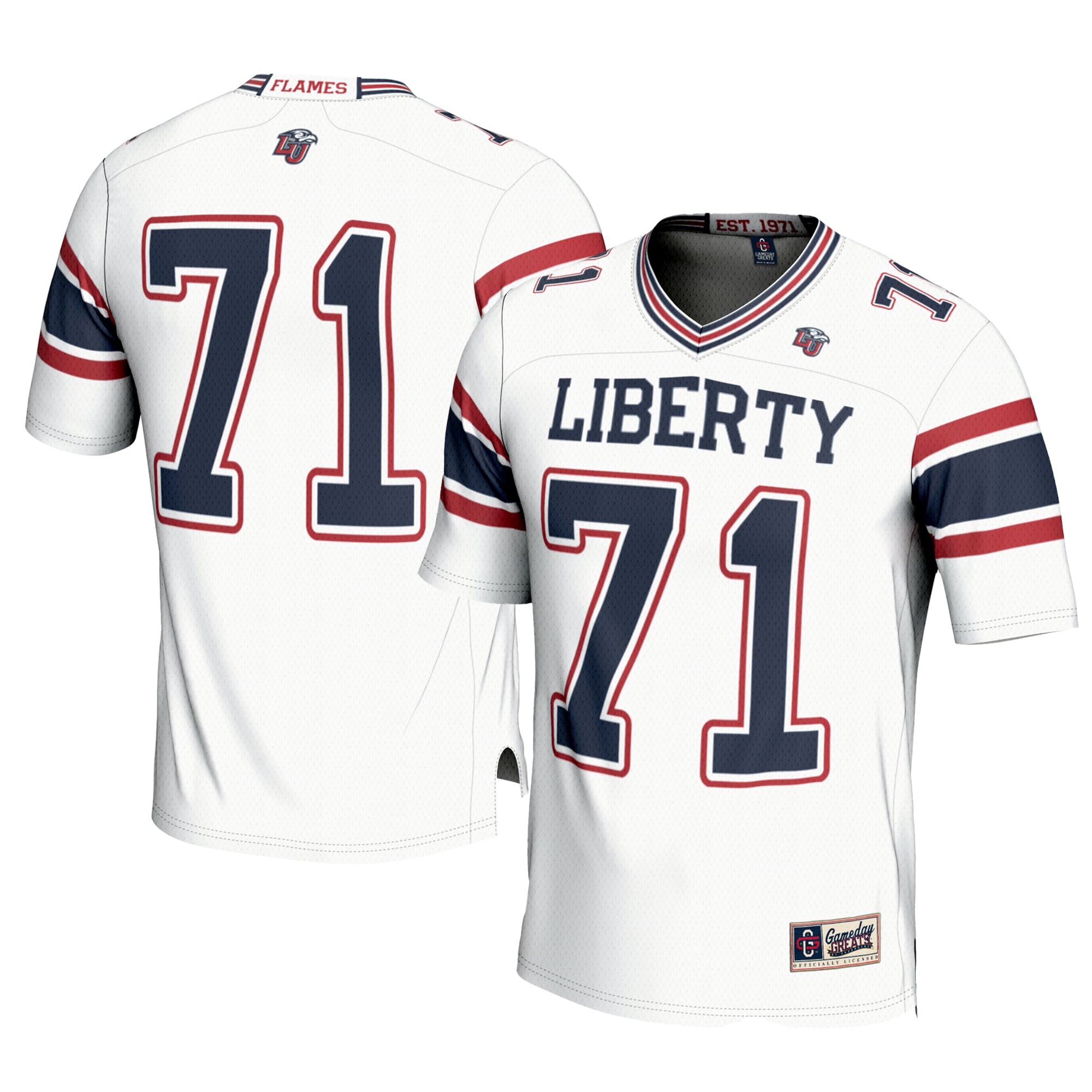 #71 Liberty Flames Youth Football Jersey - White - front and back view
