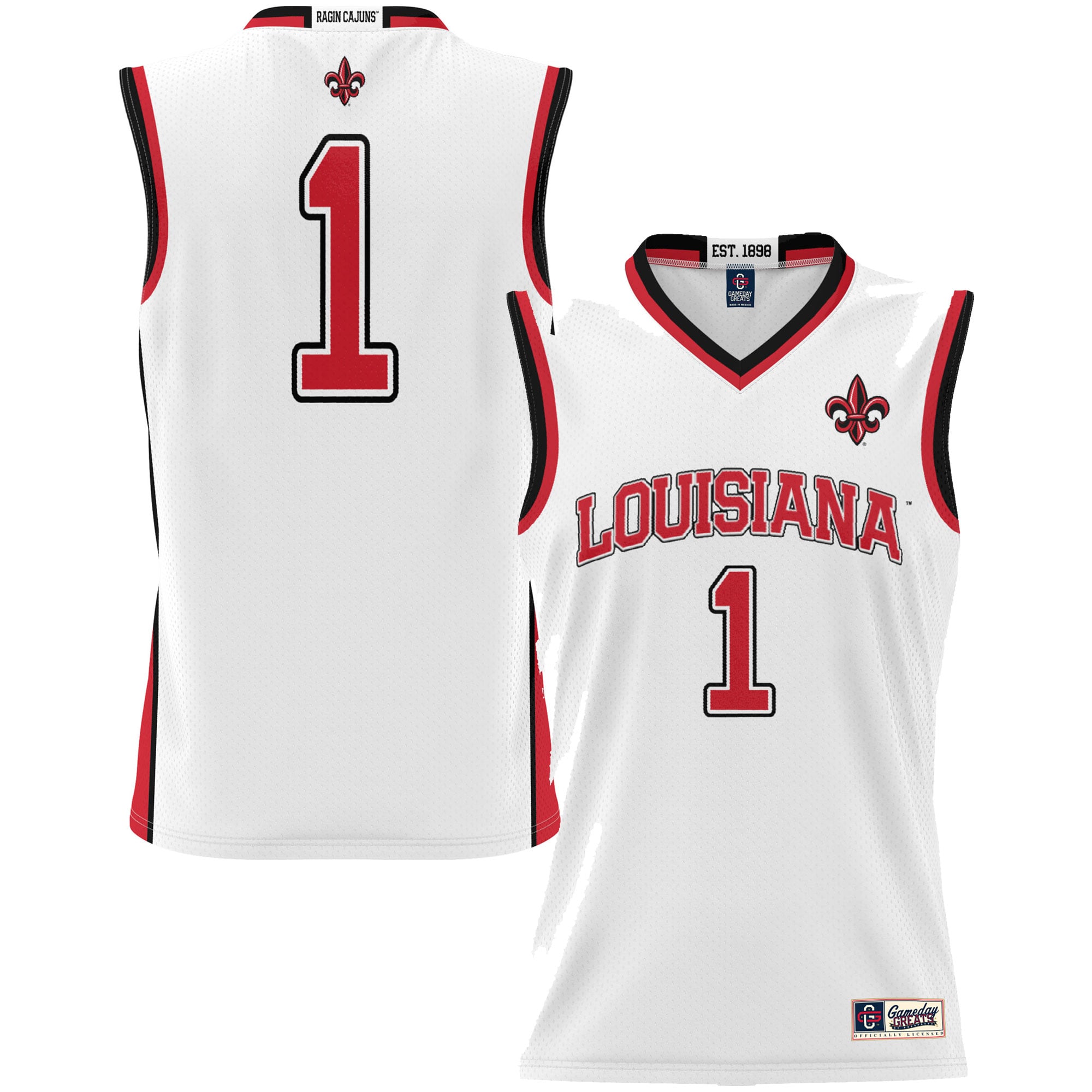 #1 Louisiana Ragin' Cajuns Unisex Lightweight Basketball Jersey White - front and back view