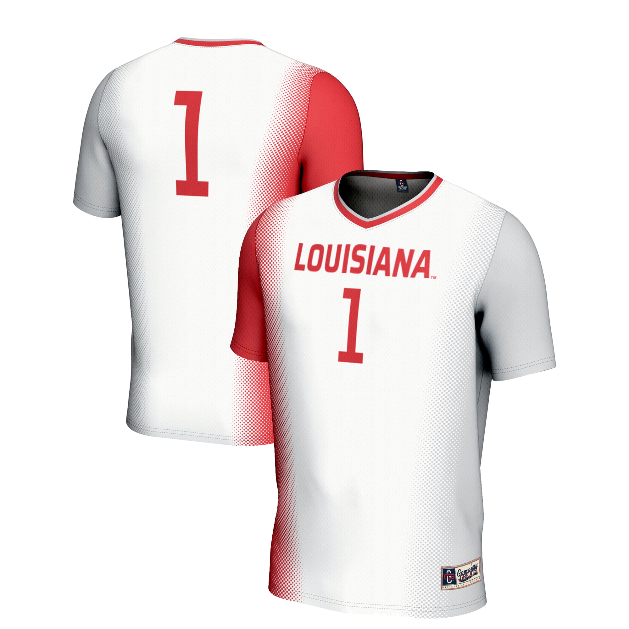 #1 Louisiana Ragin' Cajuns Unisex Lightweight Soccer Jersey White - front and back view