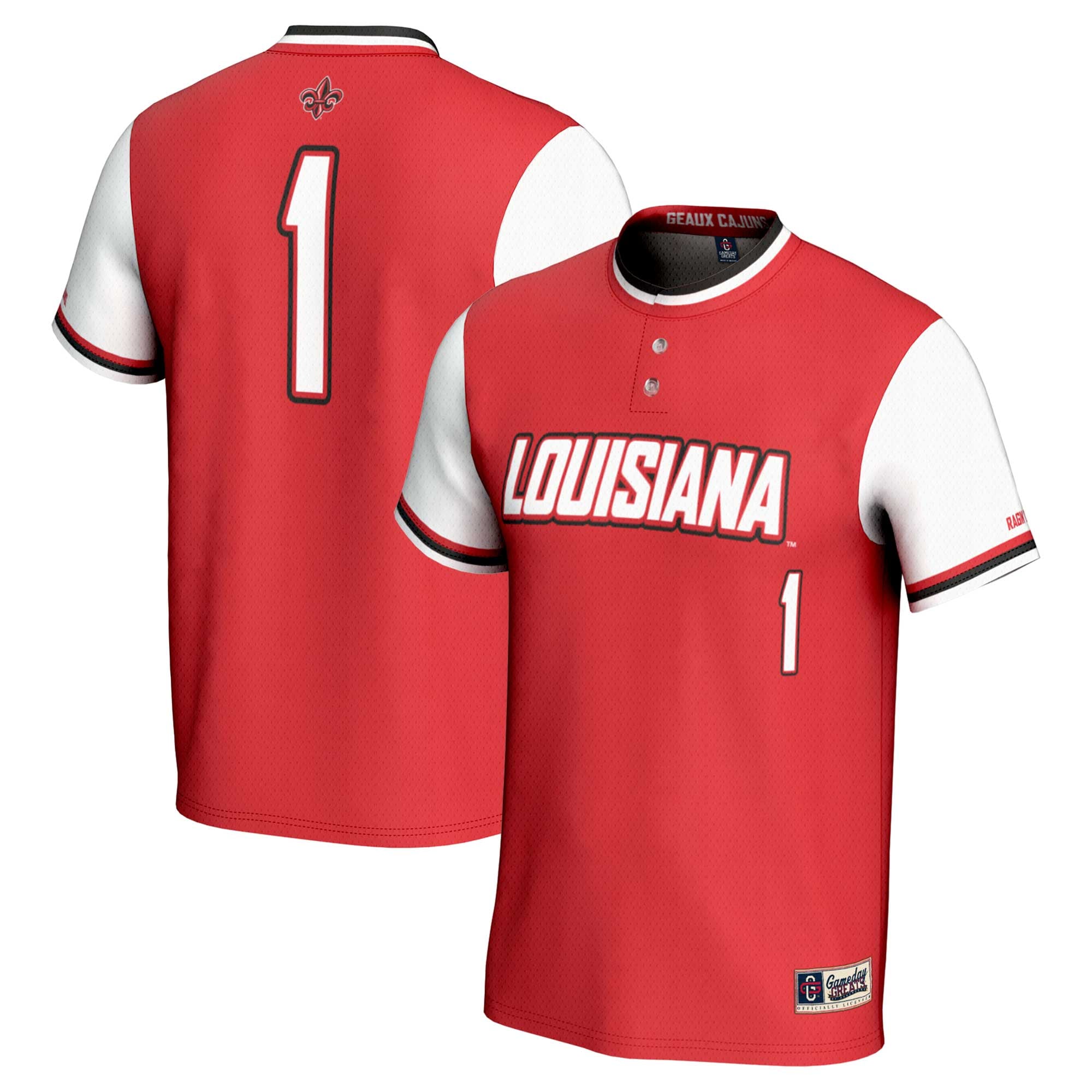 #1 Louisiana Ragin' Cajuns Unisex Lightweight Softball Jersey Cardinal - front and back view