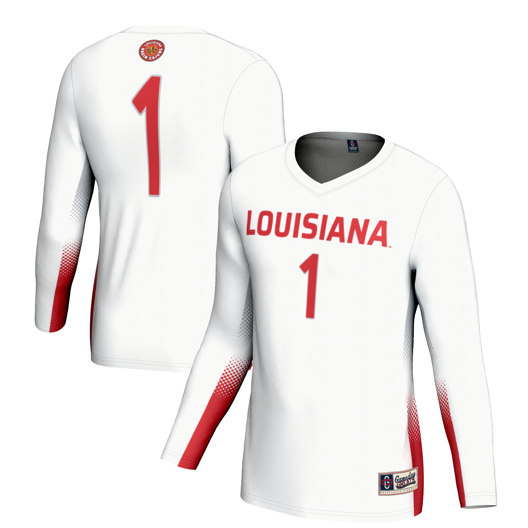 #1 Louisiana Ragin' Cajuns Unisex Lightweight Volleyball Jersey White - front and back view