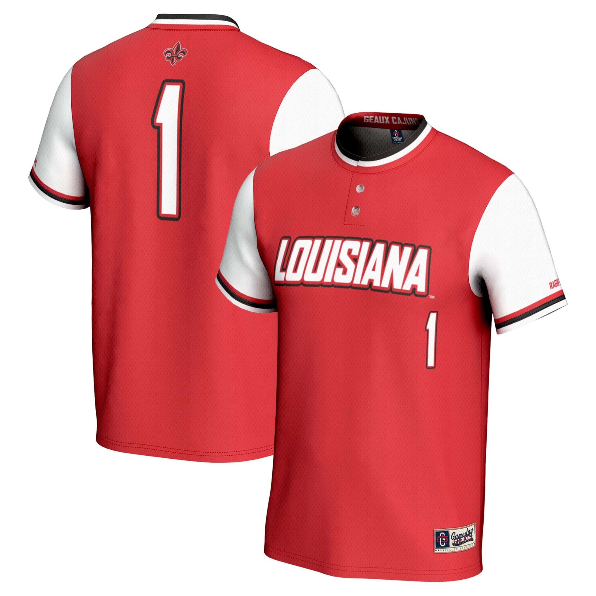 #1 Louisiana Ragin' Cajuns Youth Lightweight Softball Jersey Cardinal - front and back view