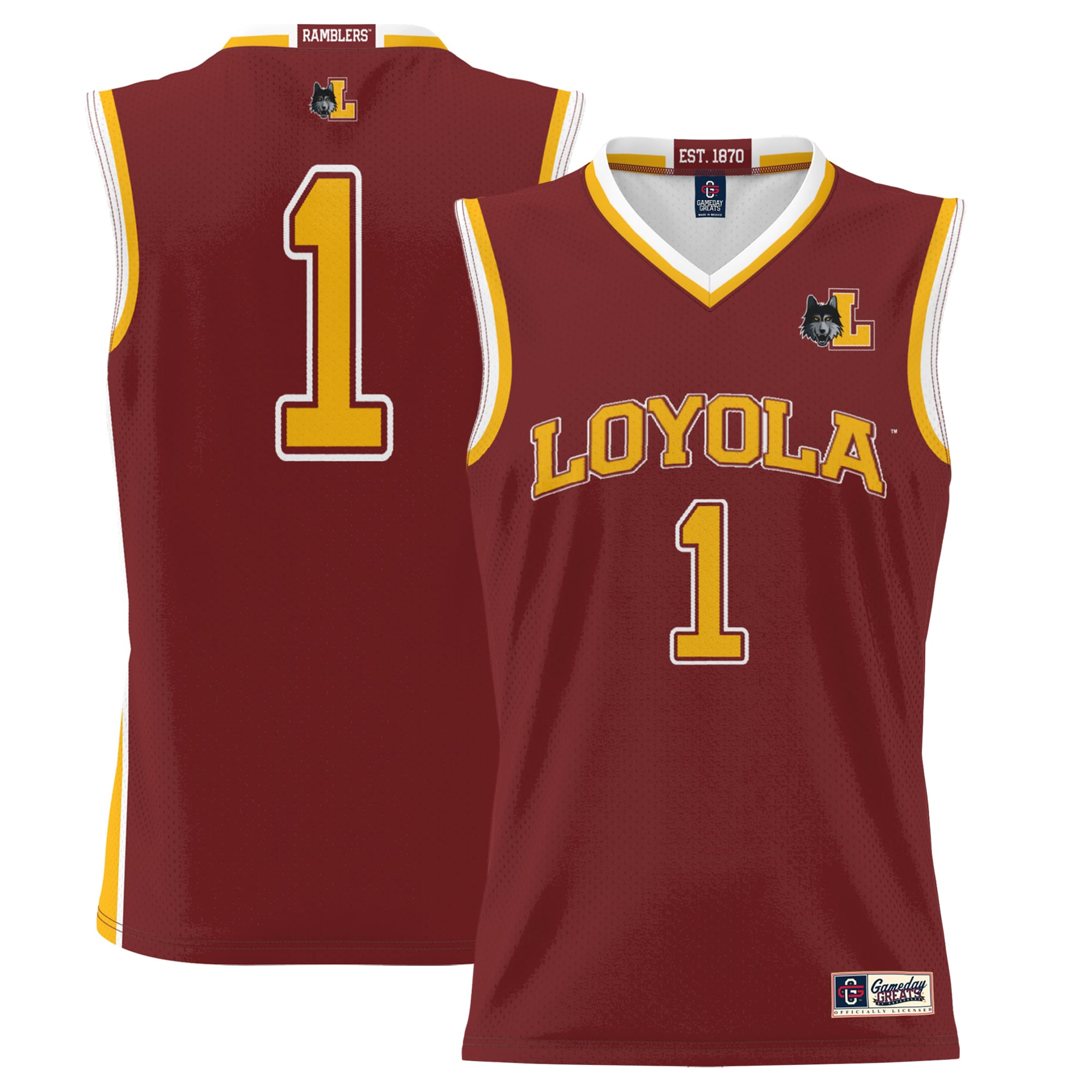 #1 Loyola Chicago Ramblers Lightweight Basketball Jersey Maroon - front and back view