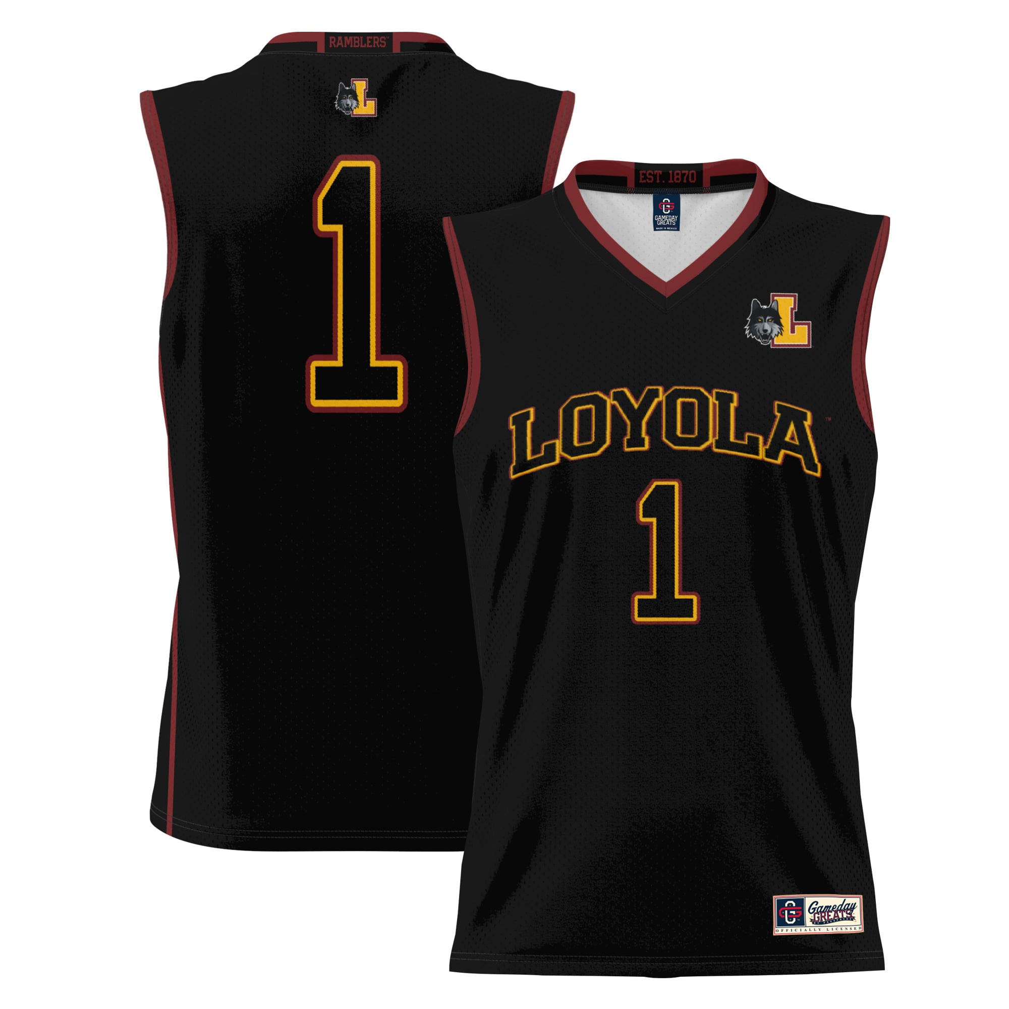 #1 Loyola Chicago Ramblers Youth Lightweight Basketball Jersey Black - front and back view