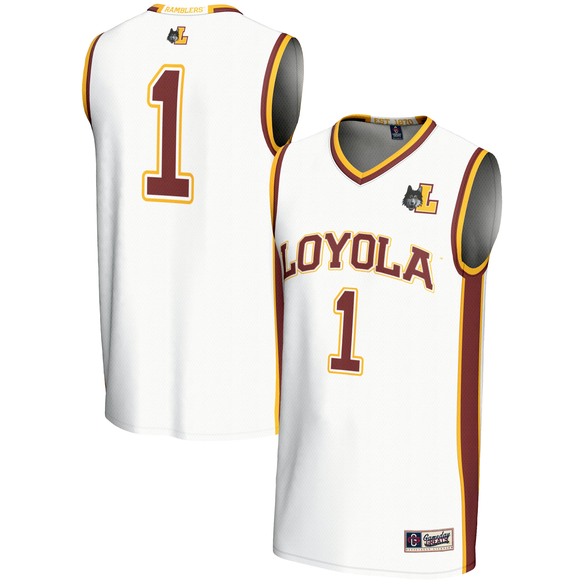 #1 Loyola Chicago Ramblers Youth Lightweight Basketball Jersey White - front and back view
