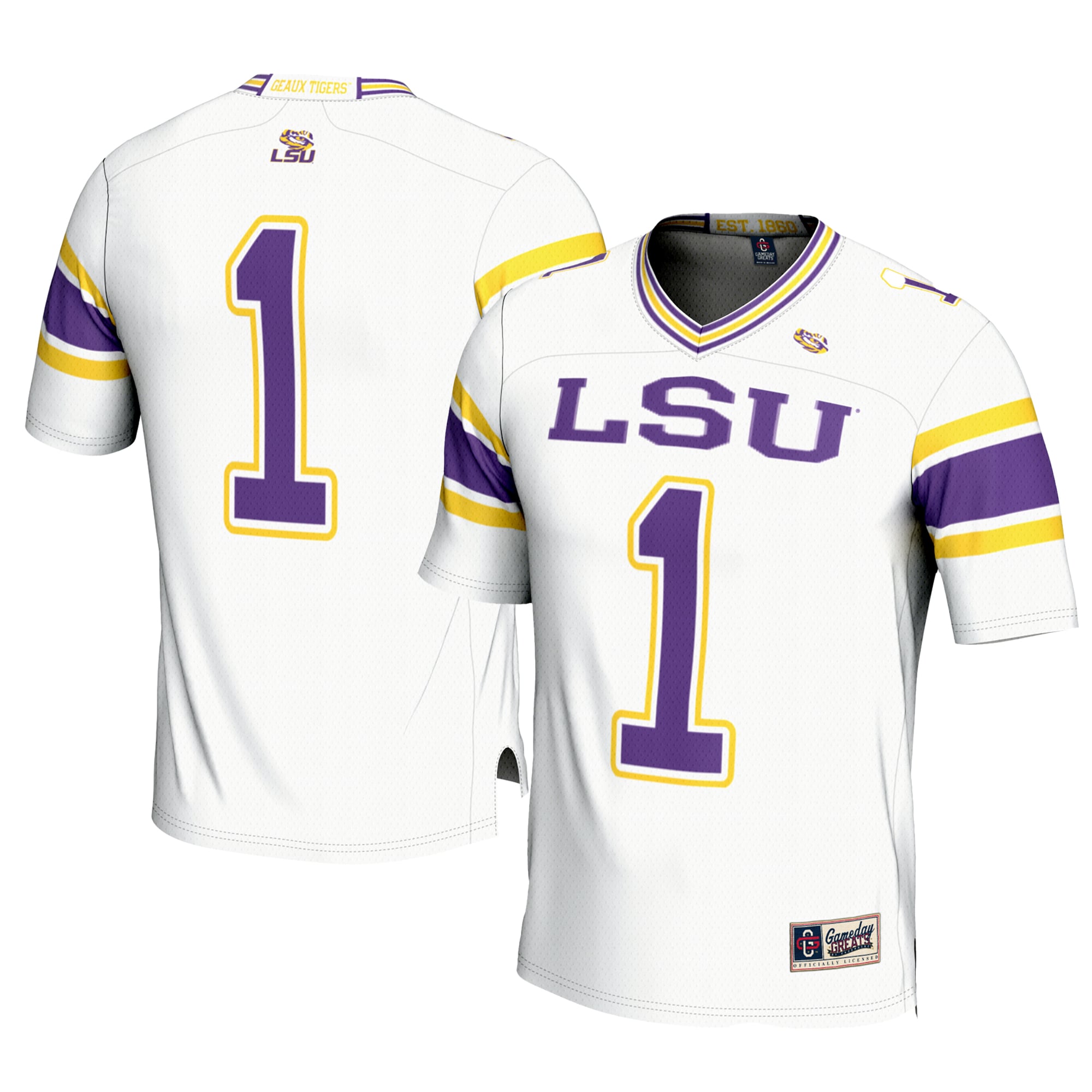 #1 LSU Tigers Football Jersey - White - front and back view