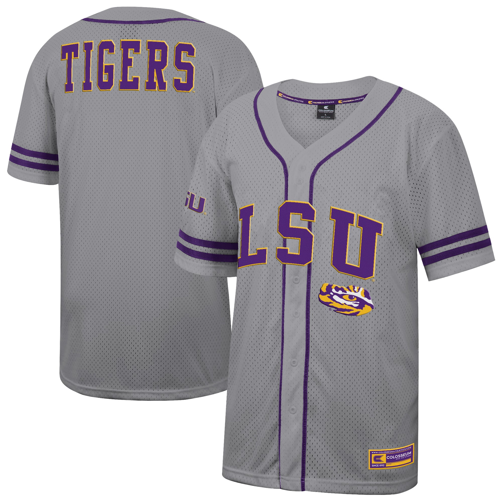 LSU Tigers Free Spirited Baseball Jersey Gray - front and back view