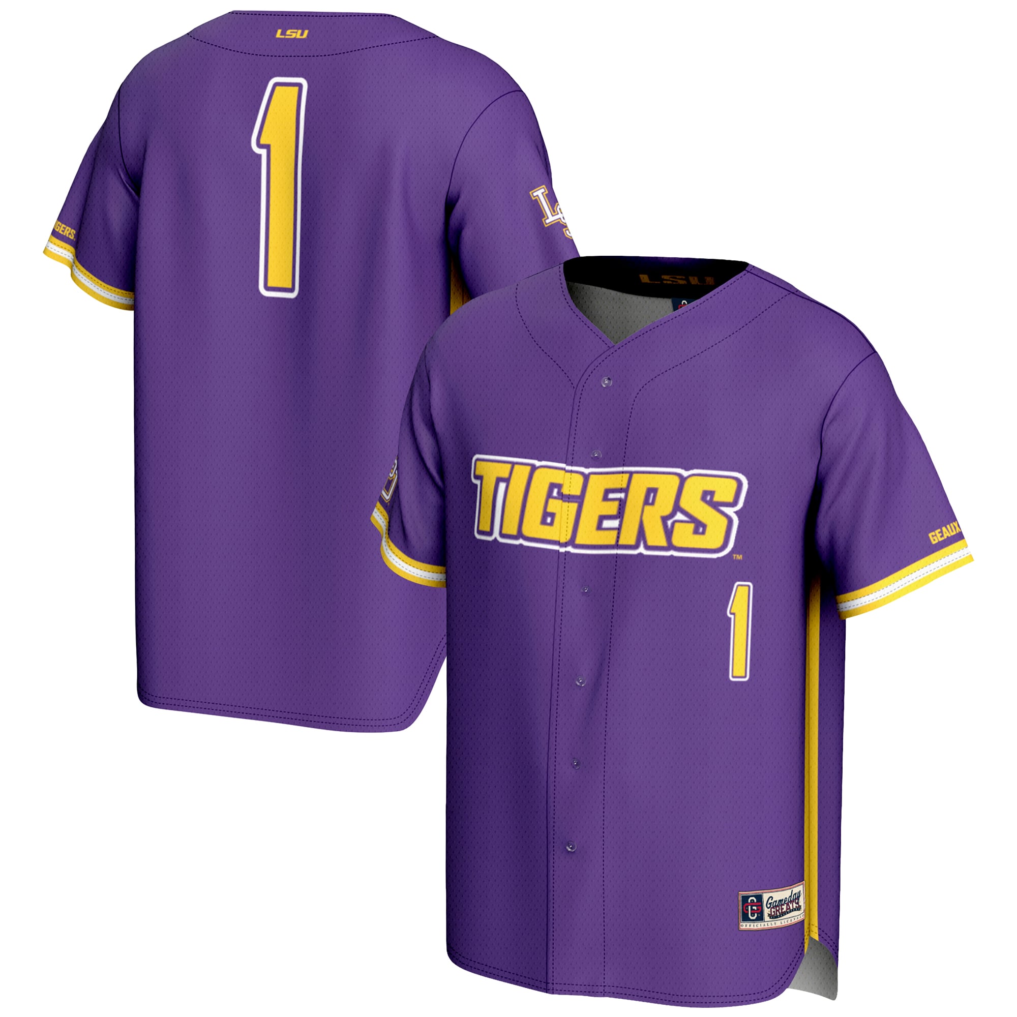 #1 LSU Tigers Lightweight Baseball Fashion Jersey Purple - front and back view