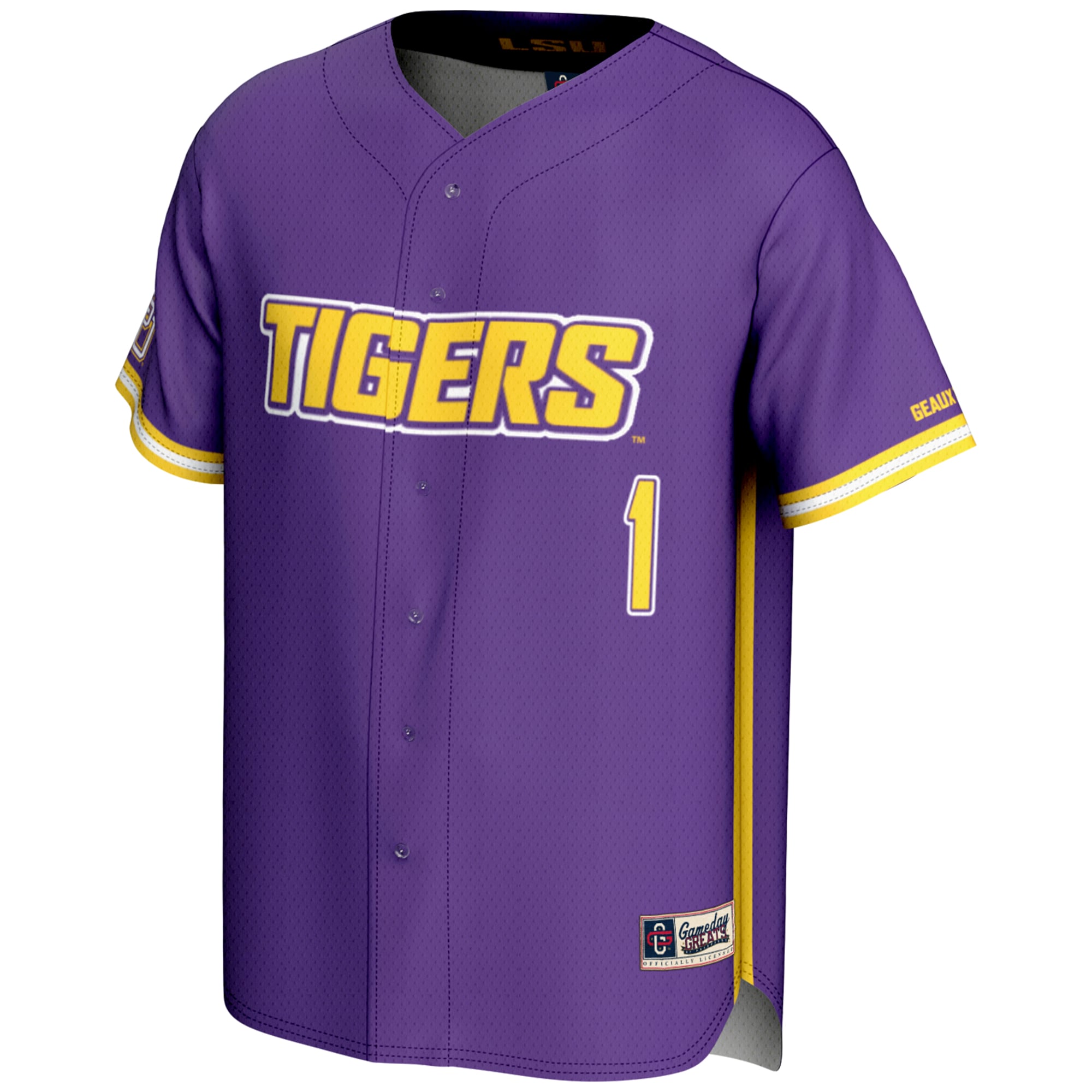 #1 LSU Tigers Lightweight Baseball Fashion Jersey Purple - front view