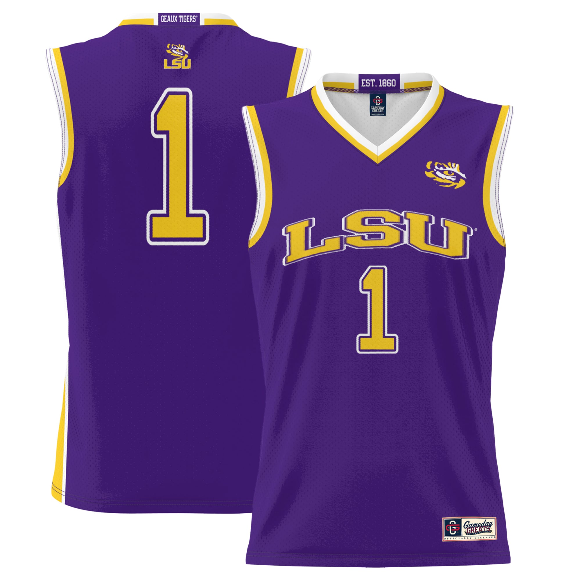#1 LSU Tigers Youth Lightweight Basketball Jersey Purple - front and back view