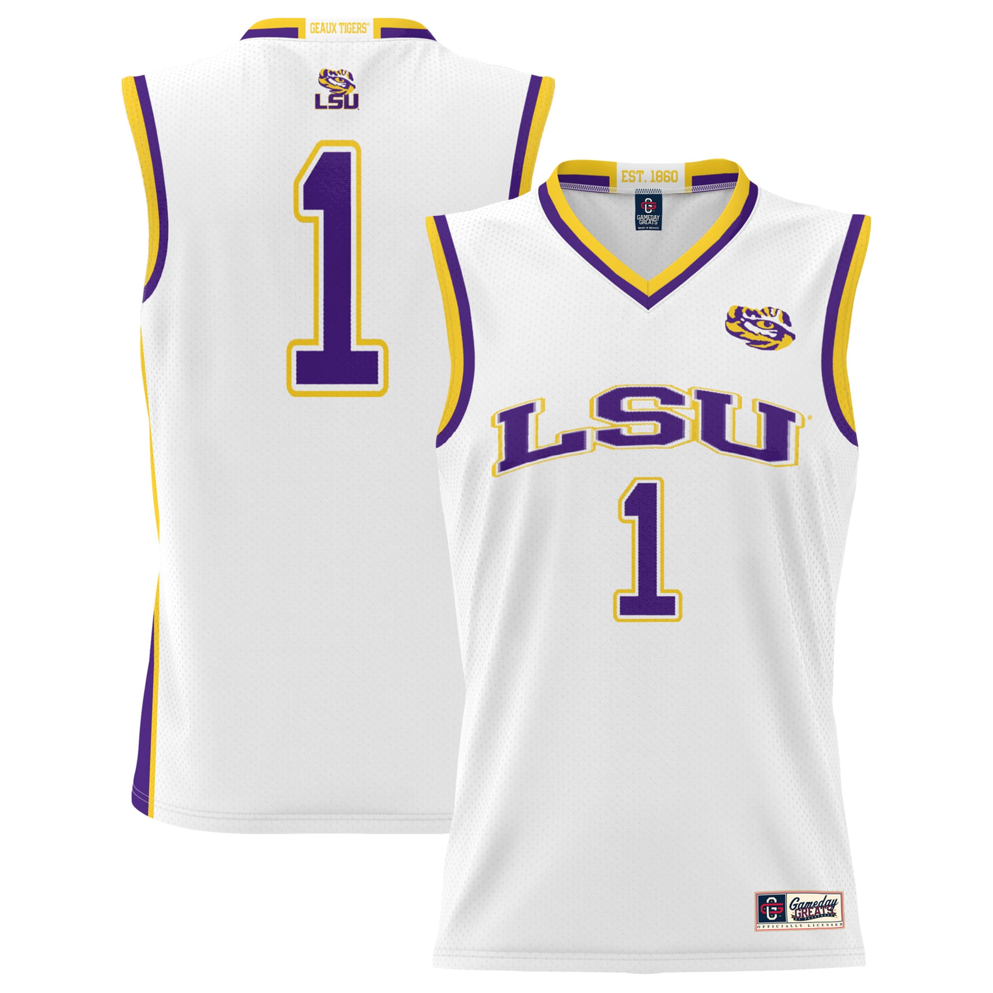 #1 LSU Tigers Lightweight Basketball Jersey White - front and back view
