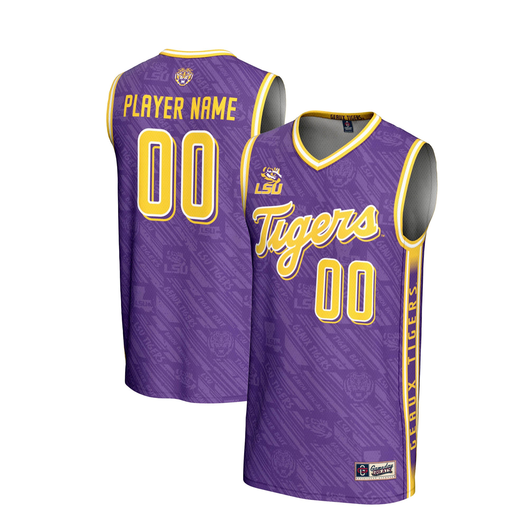 LSU Tigers Men's Basketball Highlight Print Lightweight Jersey Purple - front and back view