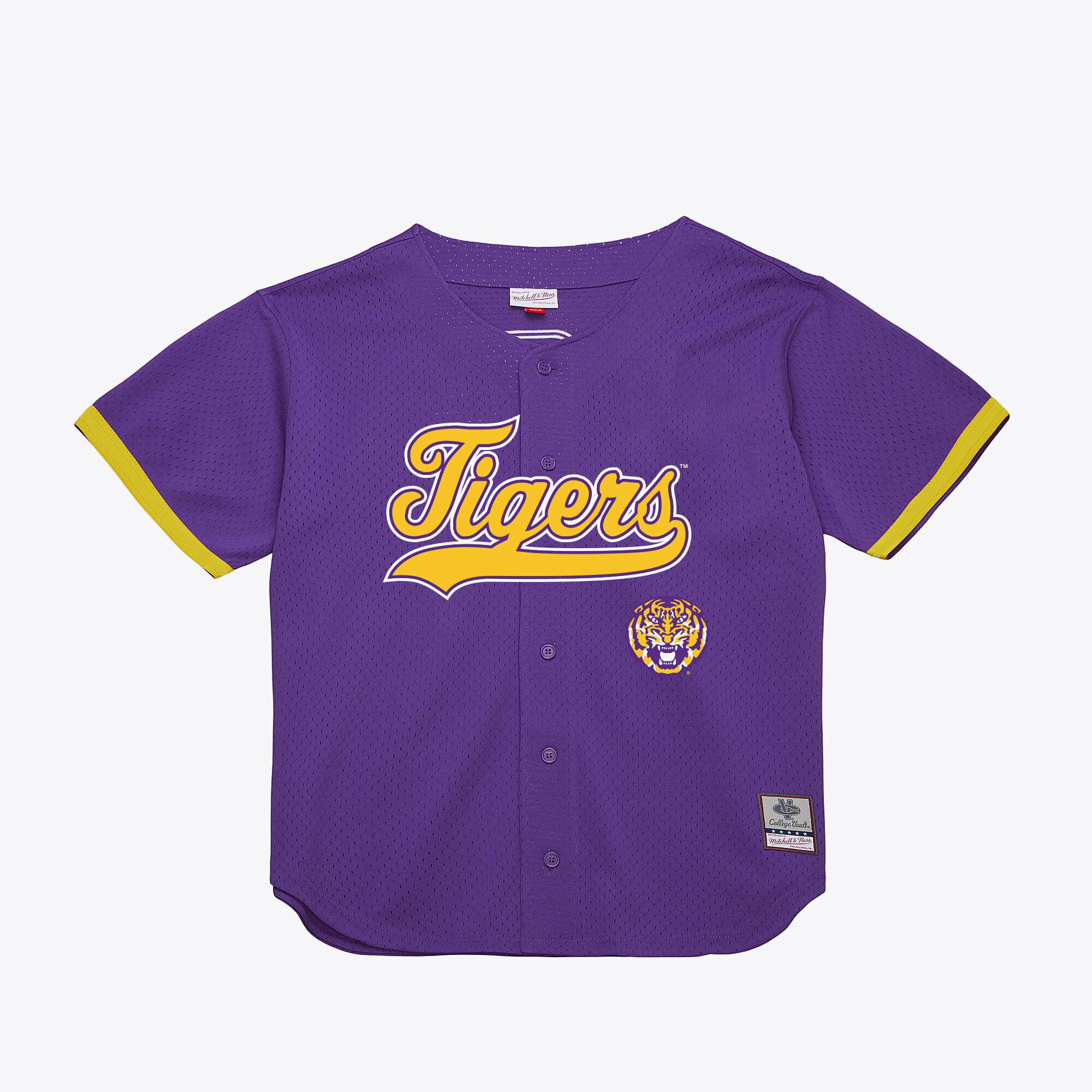 LSU Tigers Mesh Button-Up Batting Practice Baseball Jersey Purple - front and back view