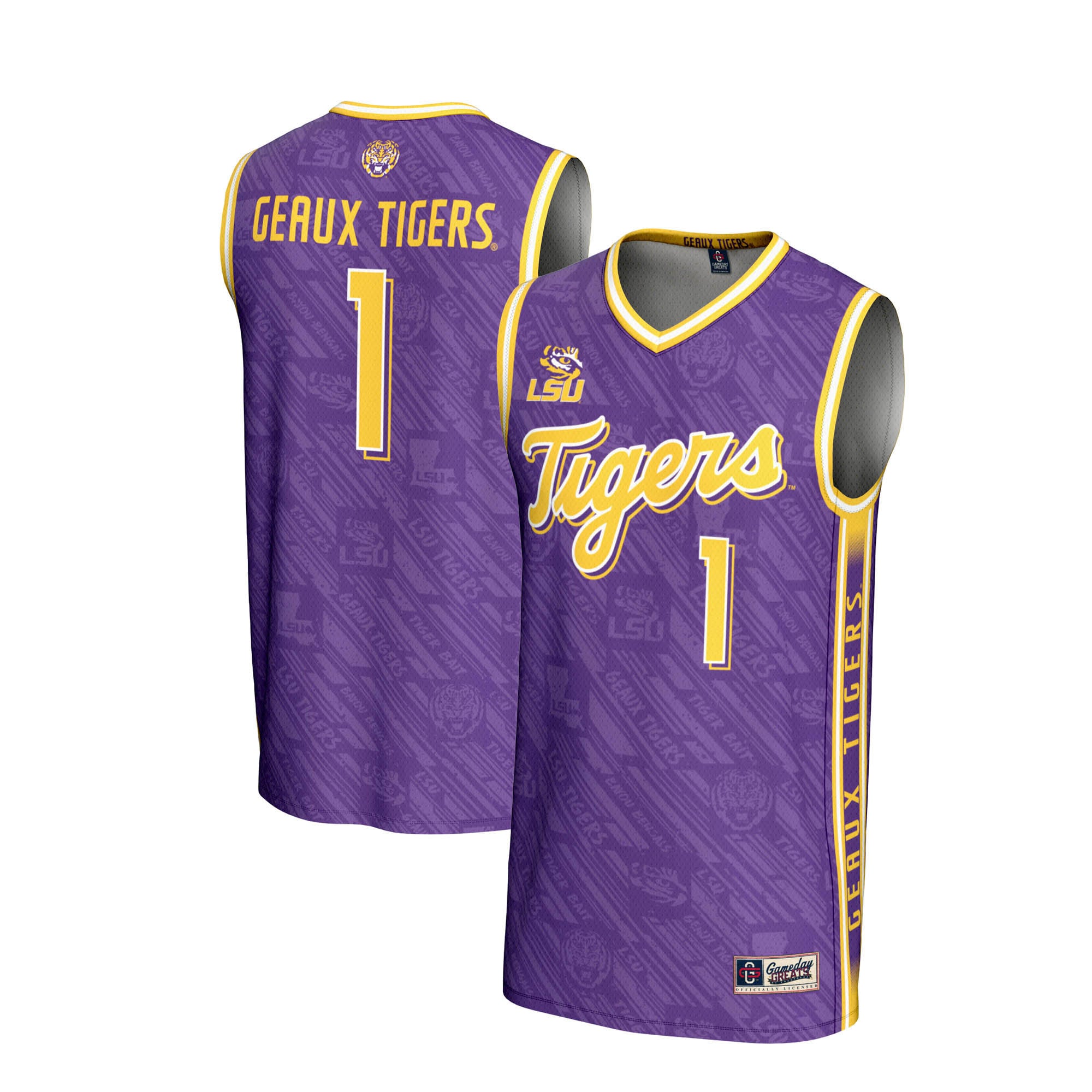 #1 LSU Tigers Unisex Lightweight Highlight Print Basketball Jersey Purple - front and back view