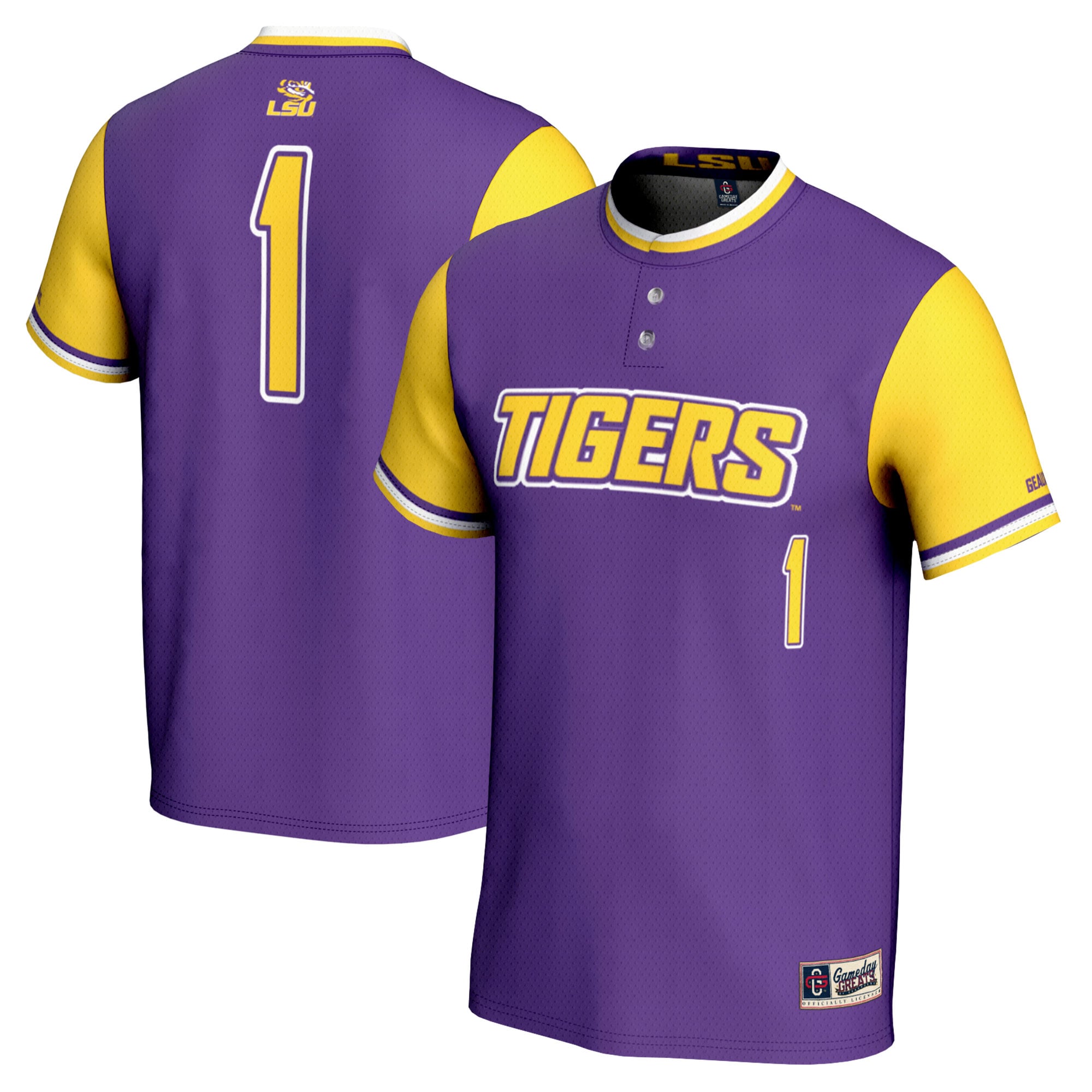 #1 LSU Tigers Unisex Lightweight Softball Jersey Purple - front and back view