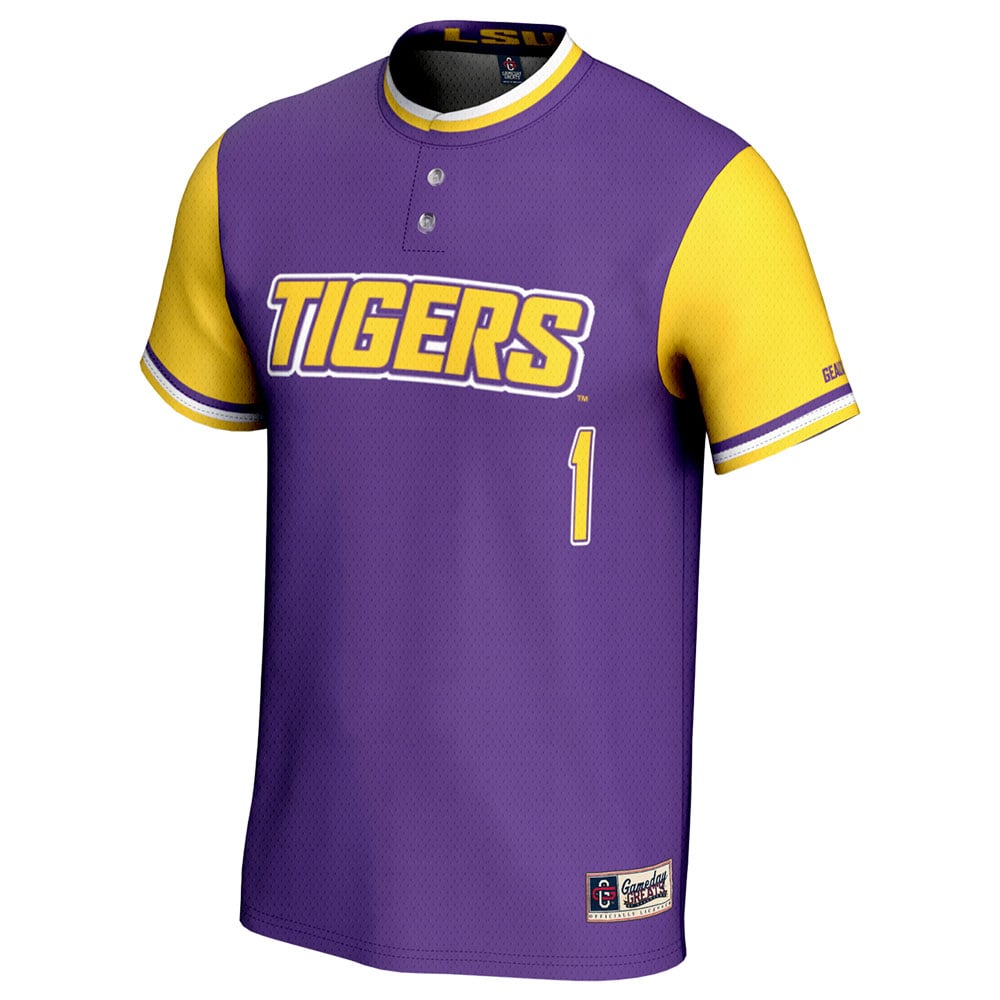 #1 LSU Tigers Unisex Lightweight Softball Jersey Purple - front view