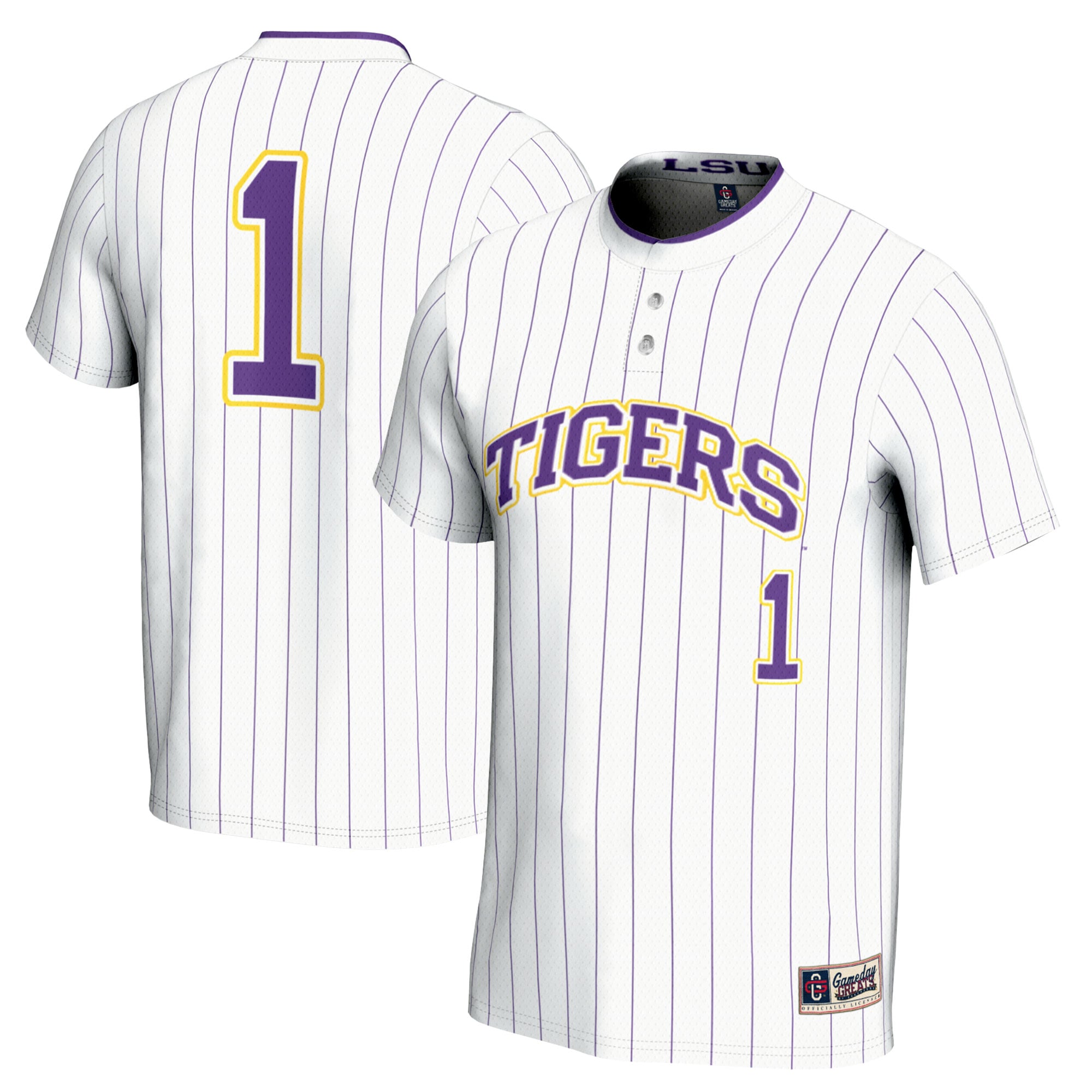 #1 LSU Tigers Unisex Lightweight Softball Jersey White - front and back view