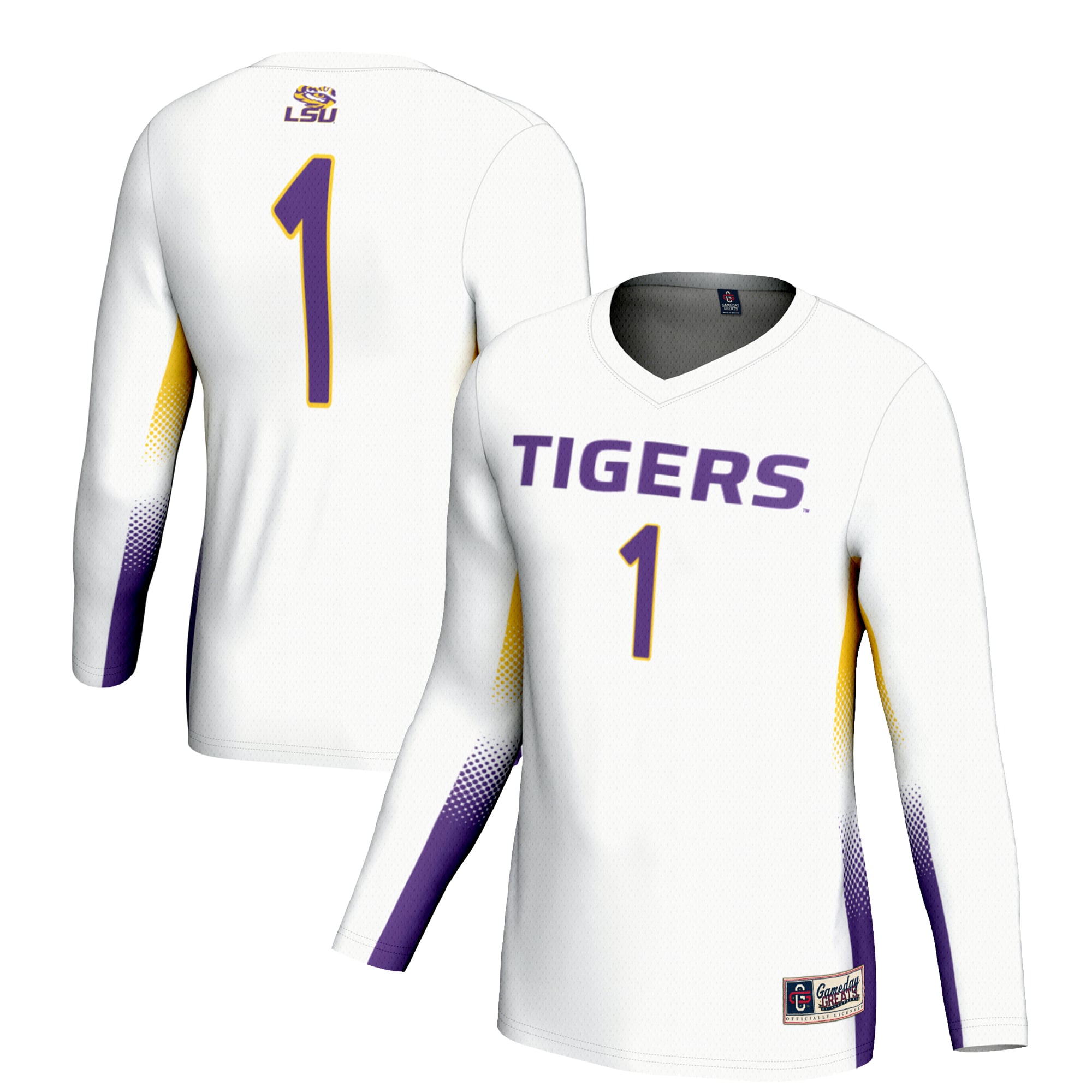 #1 LSU Tigers Unisex Lightweight Volleyball Jersey White - front and back view